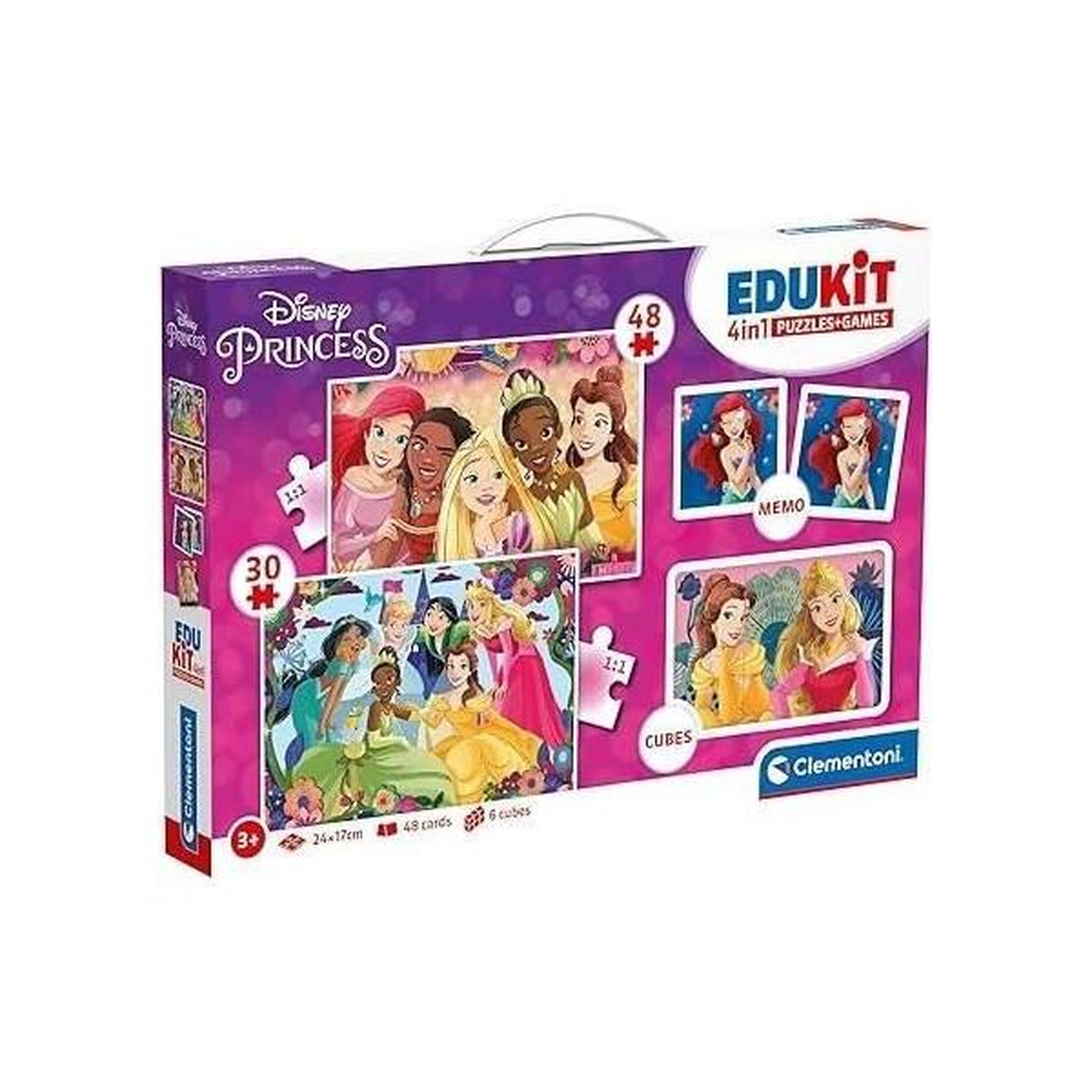 Voir la diapositive 1 : CLEMENTONI Clementoni - Edukit - Disney Princesses - Coffret apprentissage 4 en 1 - 2 puzzles, 1 mémo, 1 jeu de 6 cubes - Fabriqué en Ita