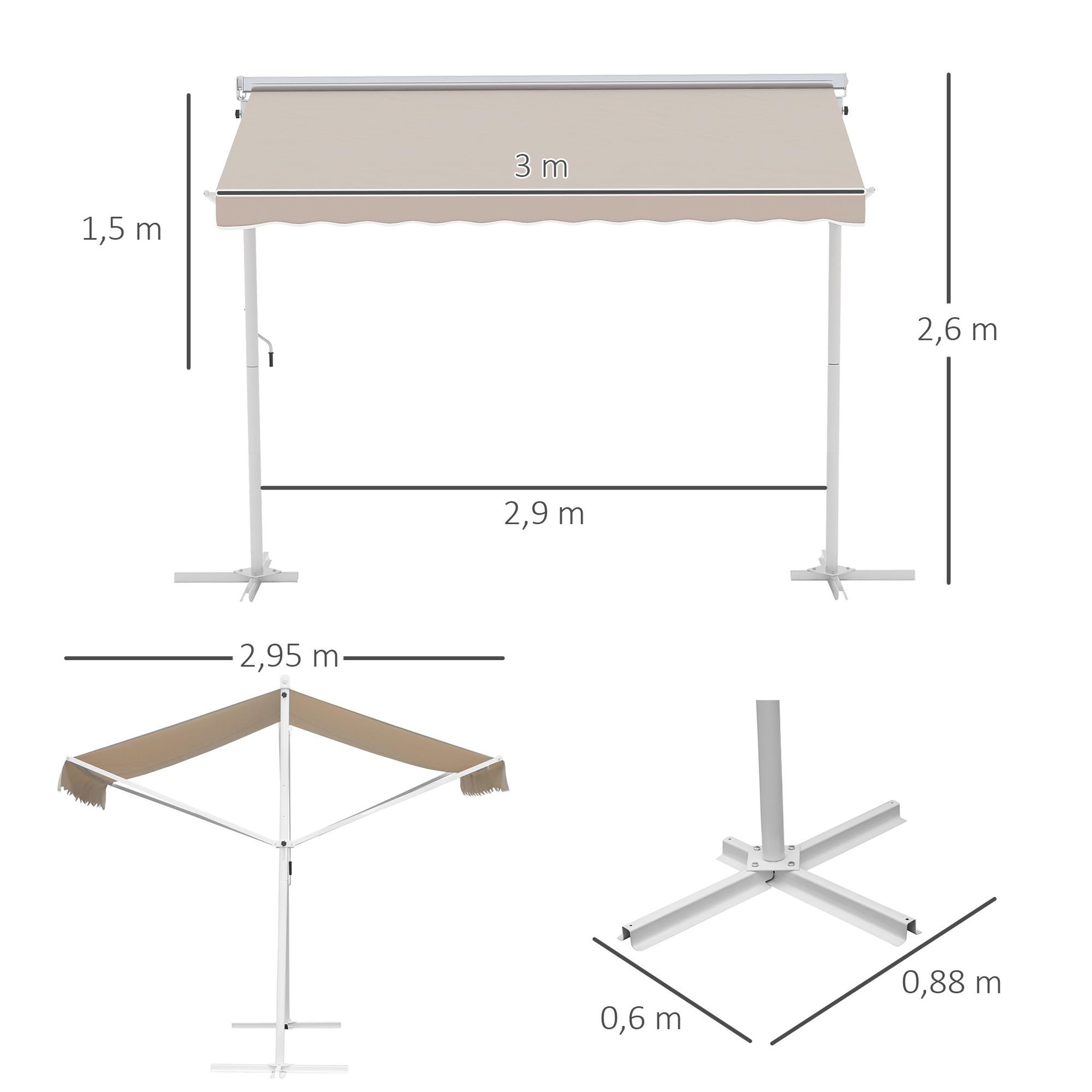 Voir la diapositive 3 : OUTSUNNY Store double pente manuel rétractable inclinaison réglable acier époxy blanc polyester imperméabilisé anti-UV beige dim. 3L x 2,95l x 2,6H m