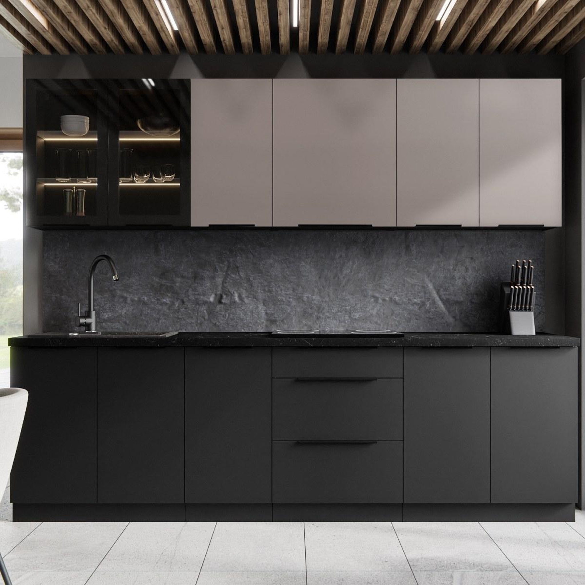 Voir la diapositive 2 : JLC KREATION Cuisine complète moderne noir et beige 260cm MAO