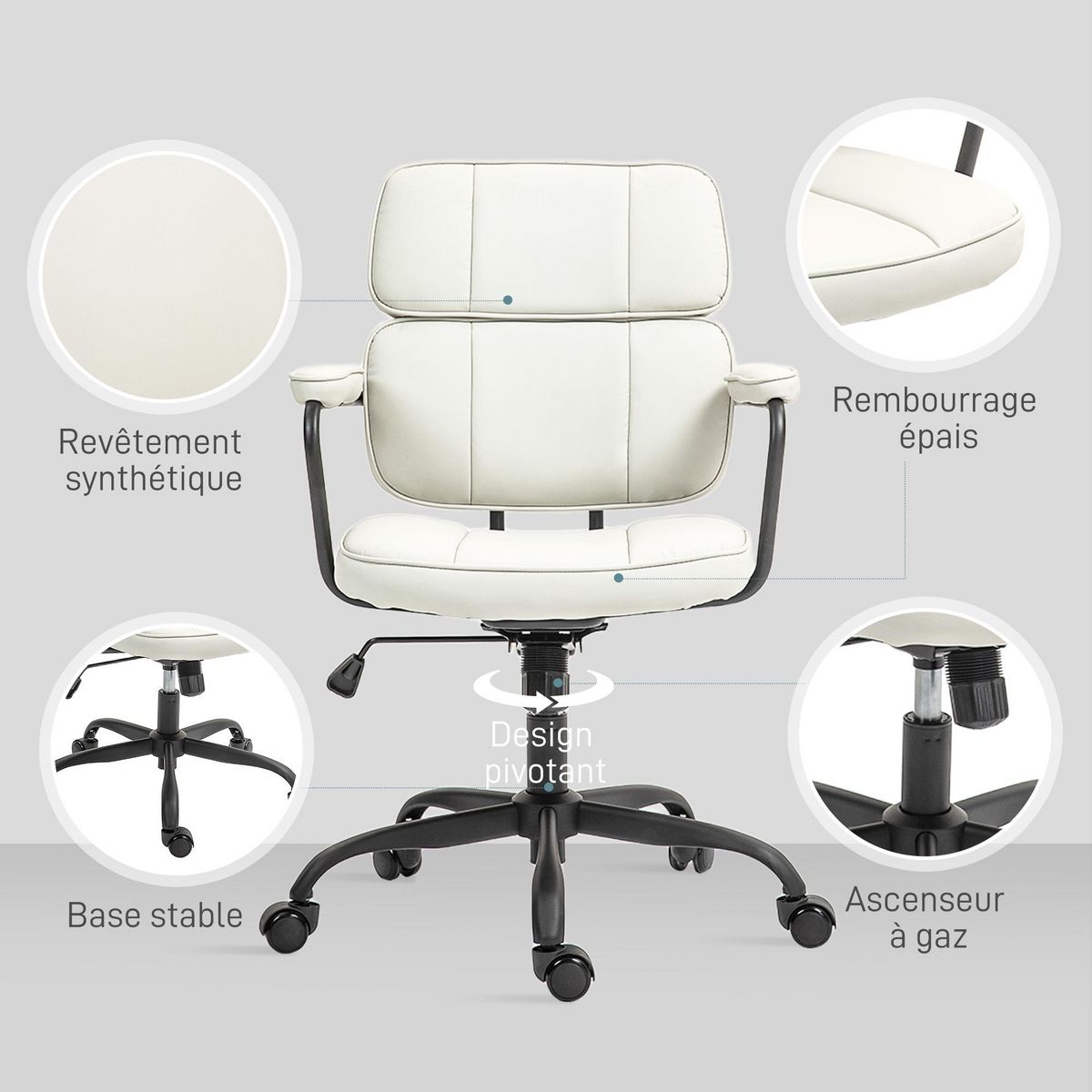 HOMCOM Chaise de bureau design néo-rétro - double dossier accoudoirs rembourrés - acier noir synthétique crème