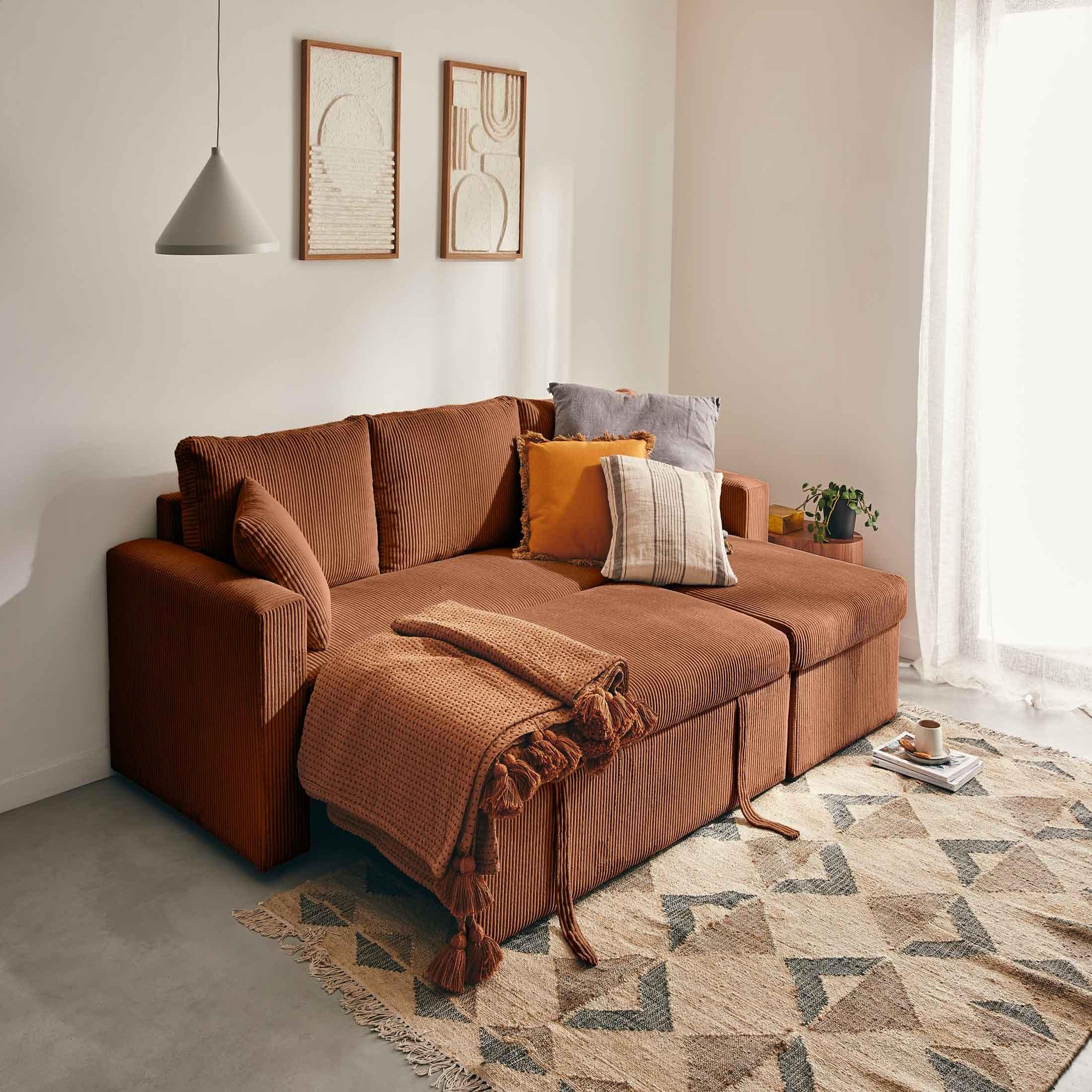Voir la diapositive 3 : BEST MOBILIER Cyrus - canapé d'angle réversible 4 places - convertible avec coffre - en velours côtelé