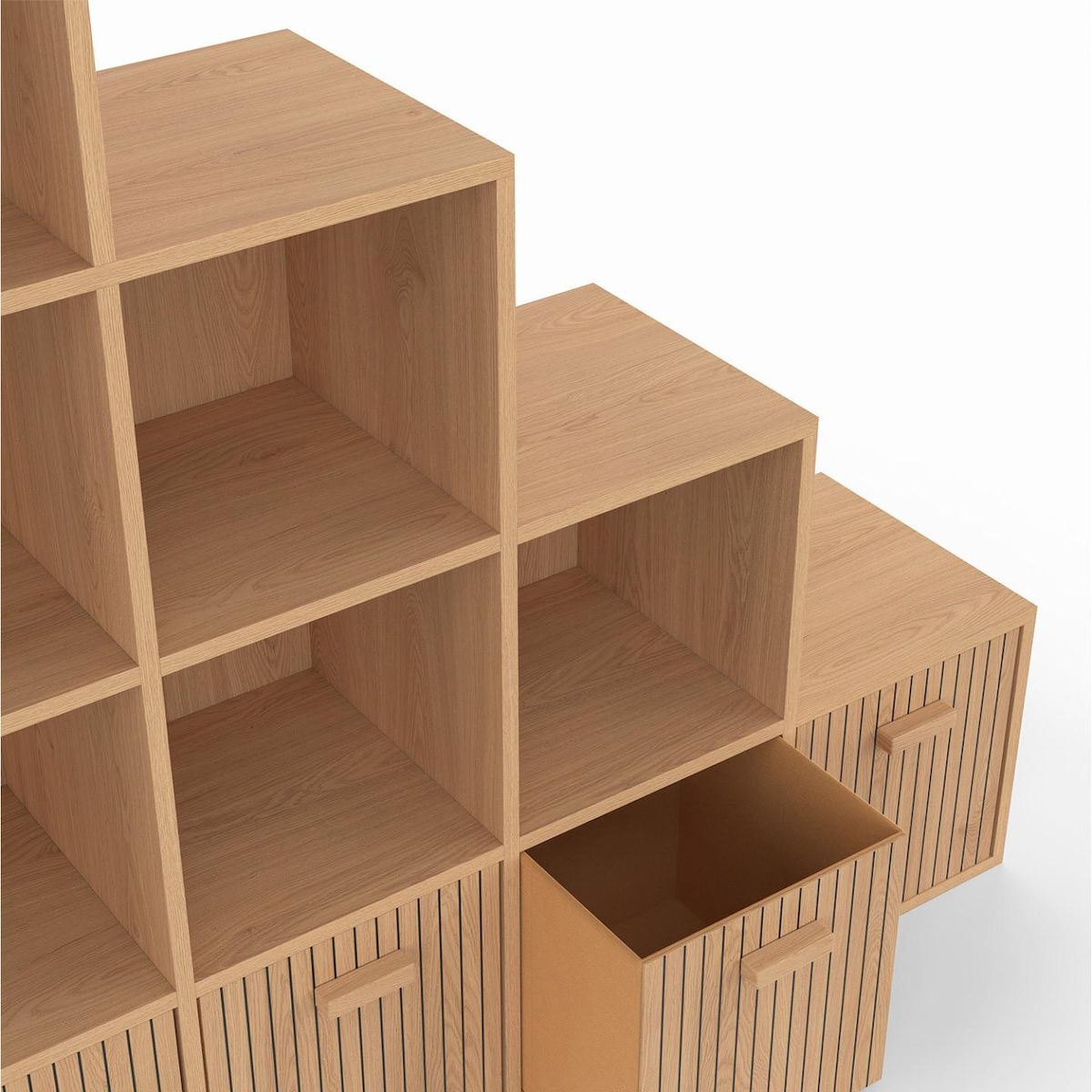 ID MARKET Meuble de rangement en escalier LORYS 4 niveaux effet lattes JULIETTE avec 4 tiroirs en tissu