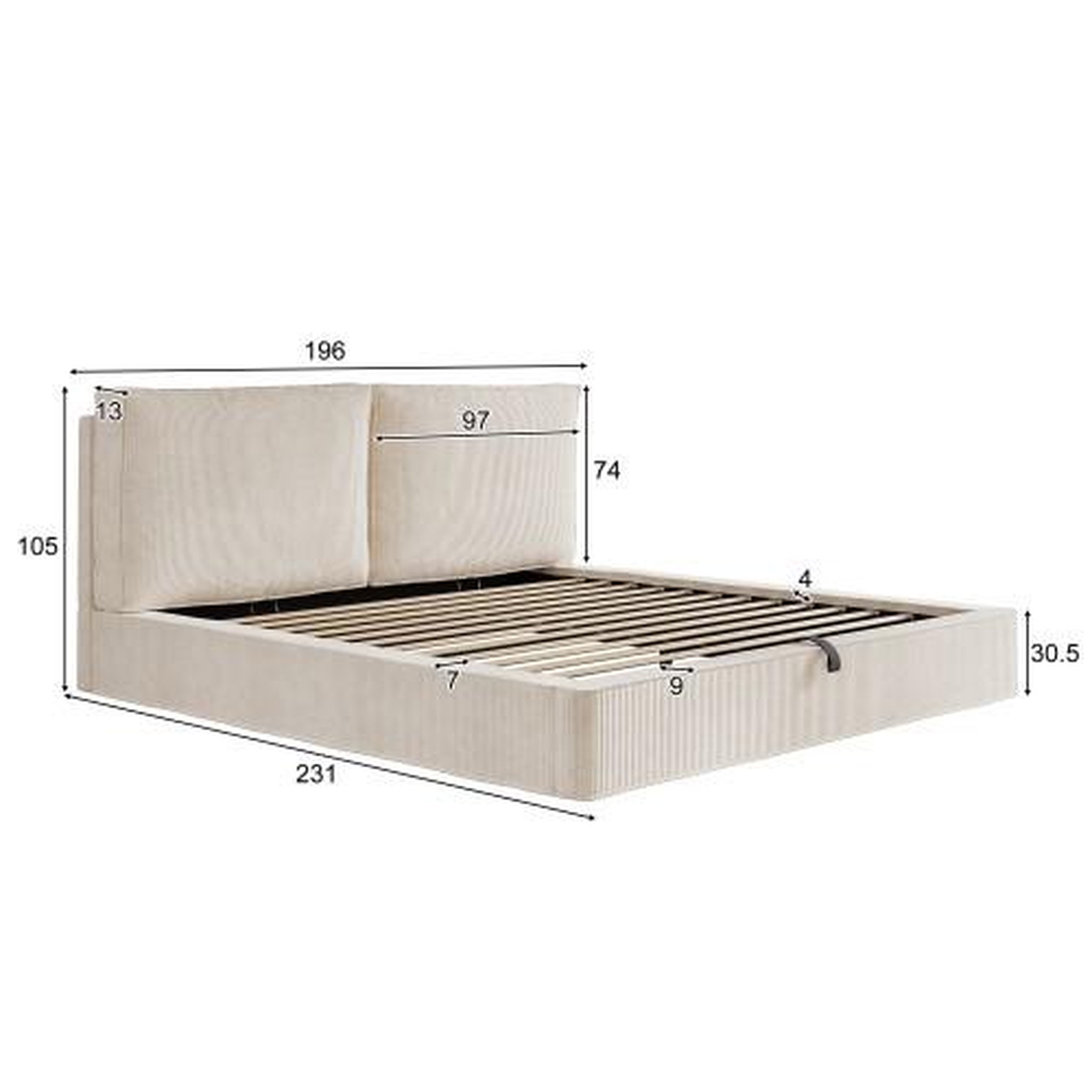 Voir la diapositive 3 : MERAX Lit coffre 180x200 cm avec rangement hydraulique, tête de lit rembourrée velours côtelé écru
