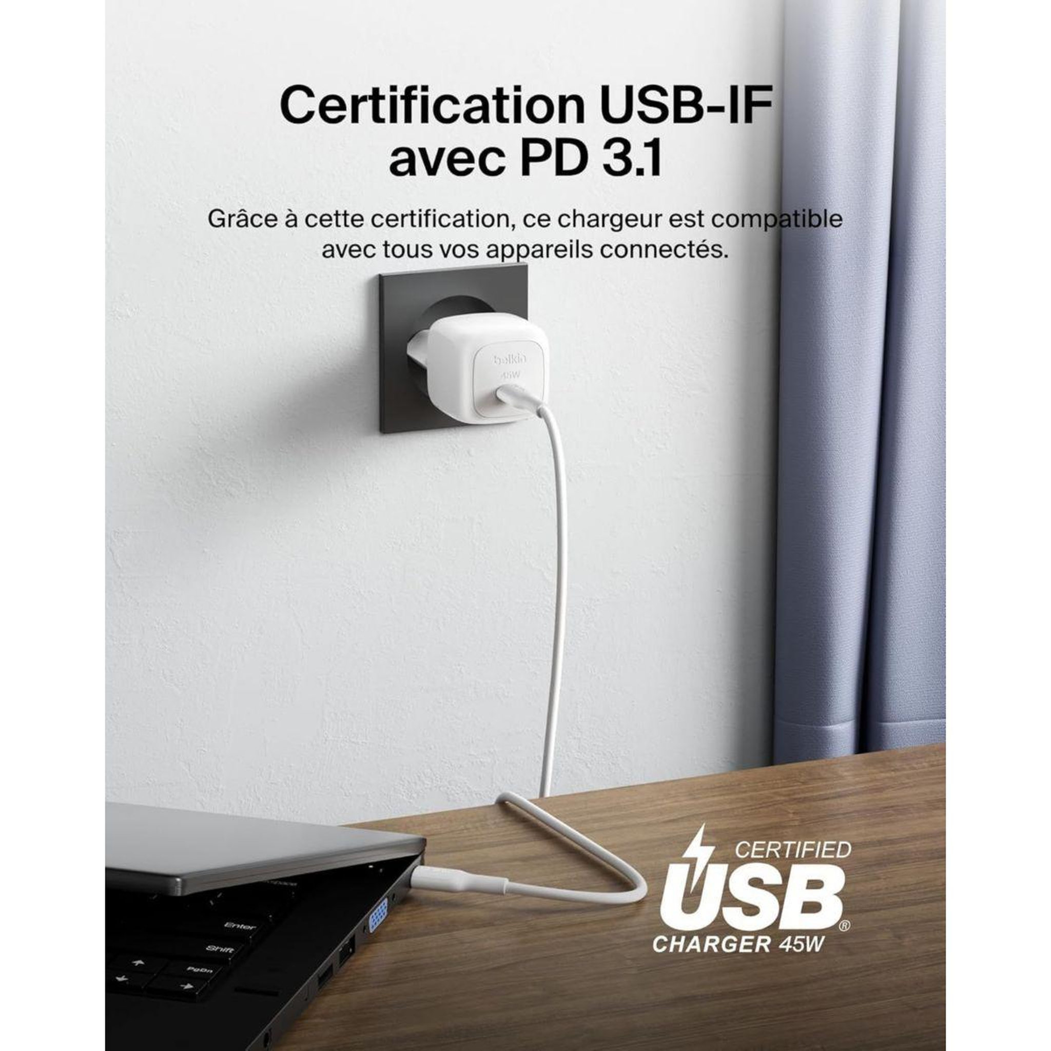 Voir la diapositive 3 : Belkin Chargeur 45w usb charge rapide & 1m c-c blanc