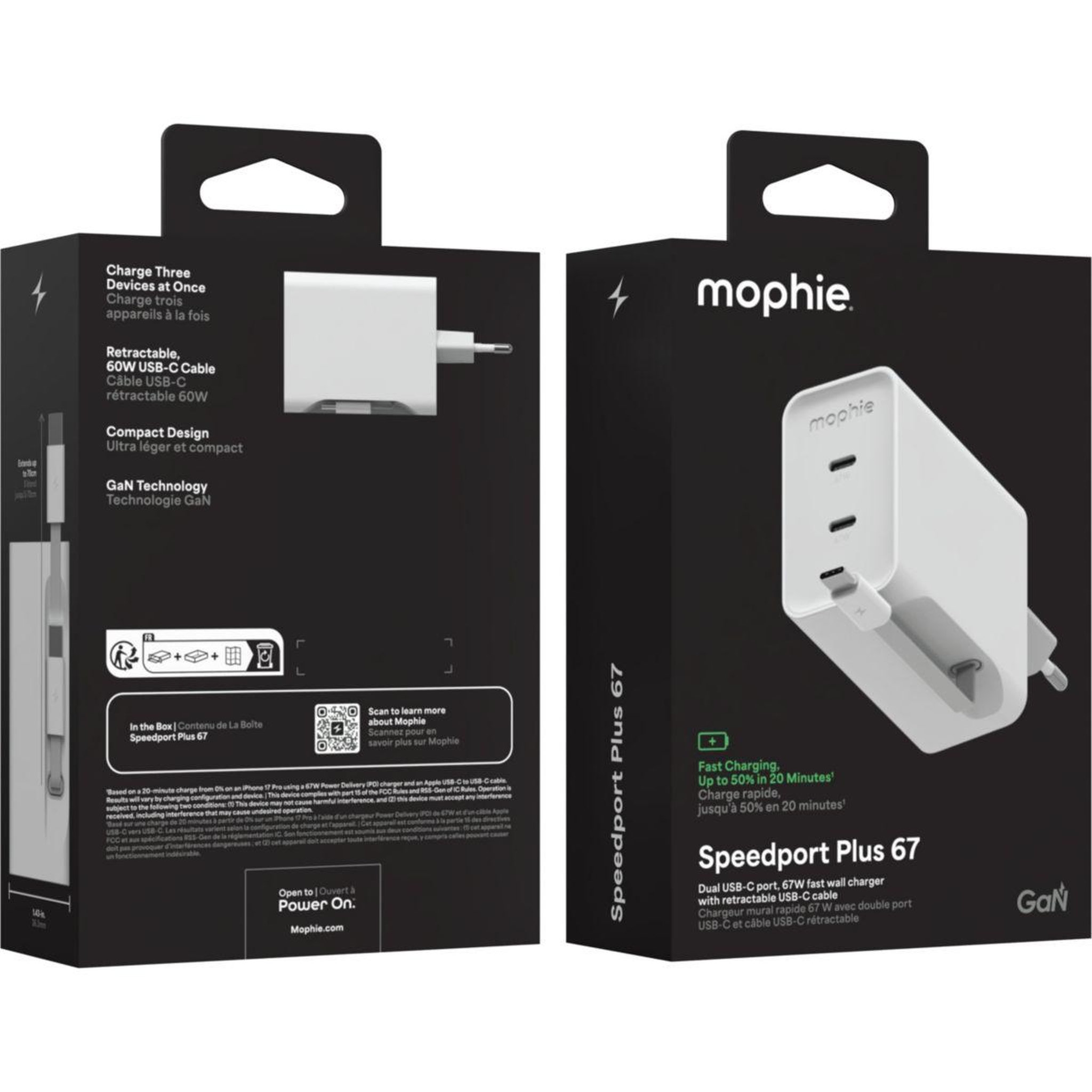 Voir la diapositive 2 : Mophie Chargeur secteur 67w gan usb-c x2 white