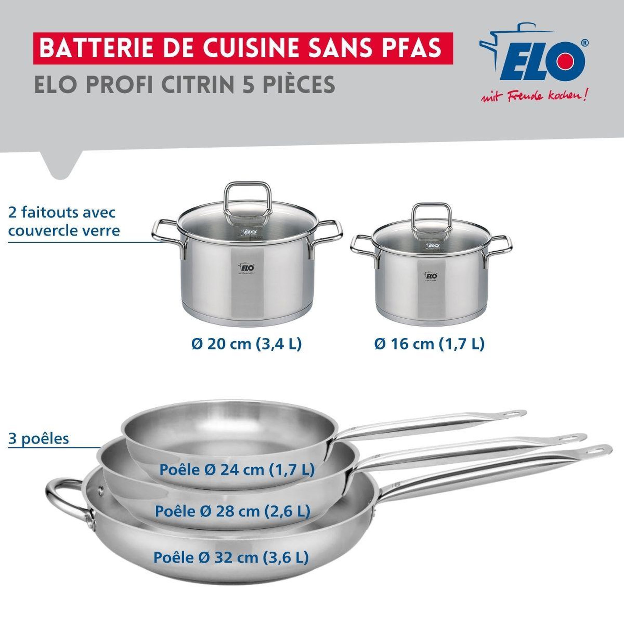 Voir la diapositive 2 : ELO Ensemble de 3 poêles de cuisson 24, 28 et 32 cm et 2 faitouts 16 et 20 cm elo profi citrin