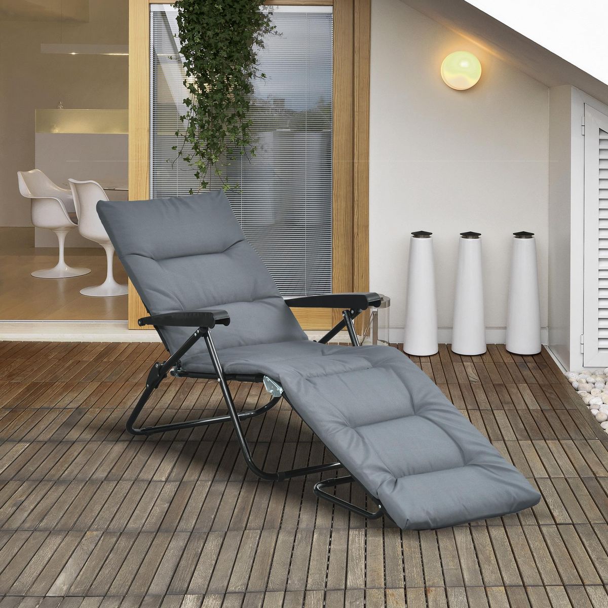 OUTSUNNY Bain de soleil pliable transat inclinable 6 positions grand confort avec matelas + accoudoirs acier polyester gris
