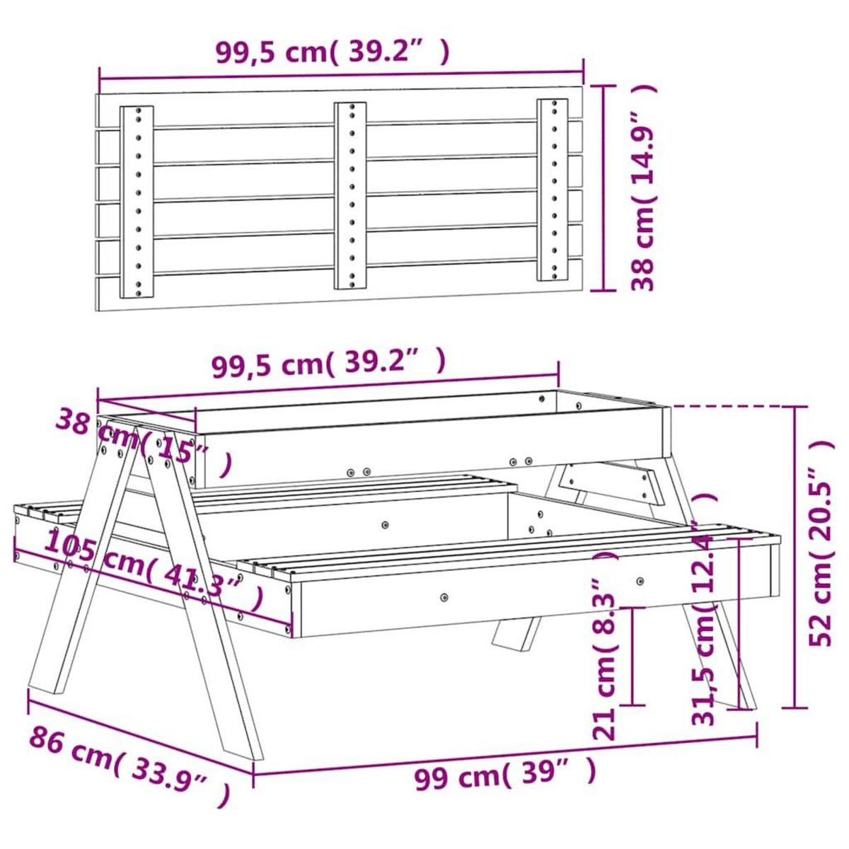 VIDAXL Table de pique-nique avec bac a sable pour enfants pin massif