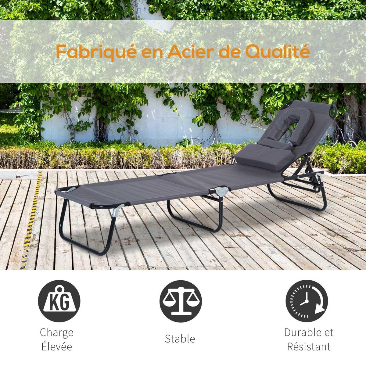 OUTSUNNY Bain de soleil pliable transat inclinable 4 positions chaise longue de lecture 3 coussins fournis gris