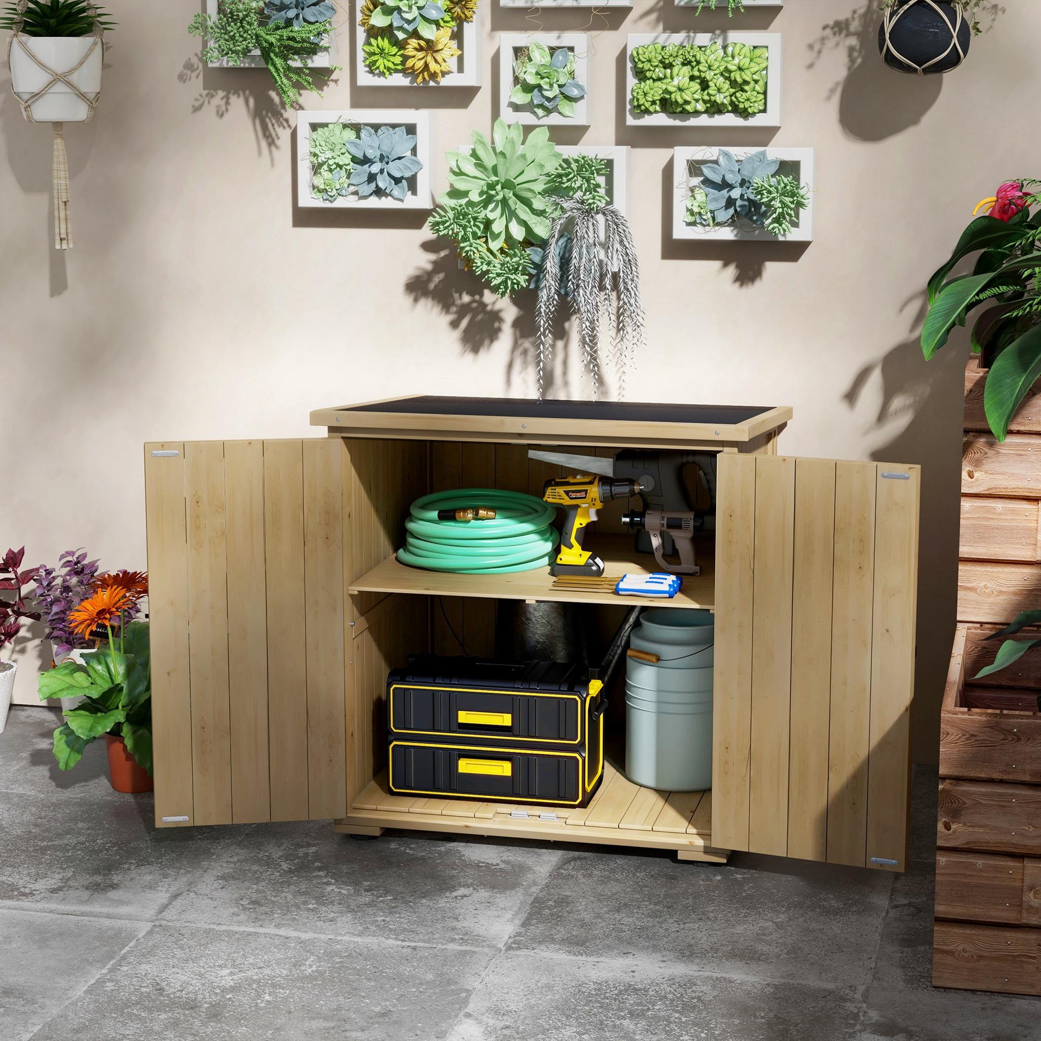 Voir la diapositive 2 : OUTSUNNY Armoire de jardin 2 portes croisillons étagère toit bitumé bois sapin pré-huilé
