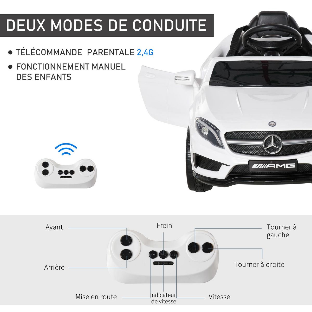 HOMCOM Voiture véhicule électrique enfant 6 V vitesse 3 Km/h télécommande effets sonores + lumineux Mercedes GLA AMG blanc