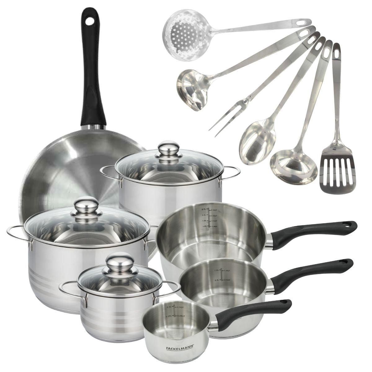 Fackelmann Set 1 poêle 28 cm 3 casseroles 12 16 20 cm, 3 faitouts 16, 20 et 24 cm en inox et 6 ustensiles inox Fackelmann Geneva