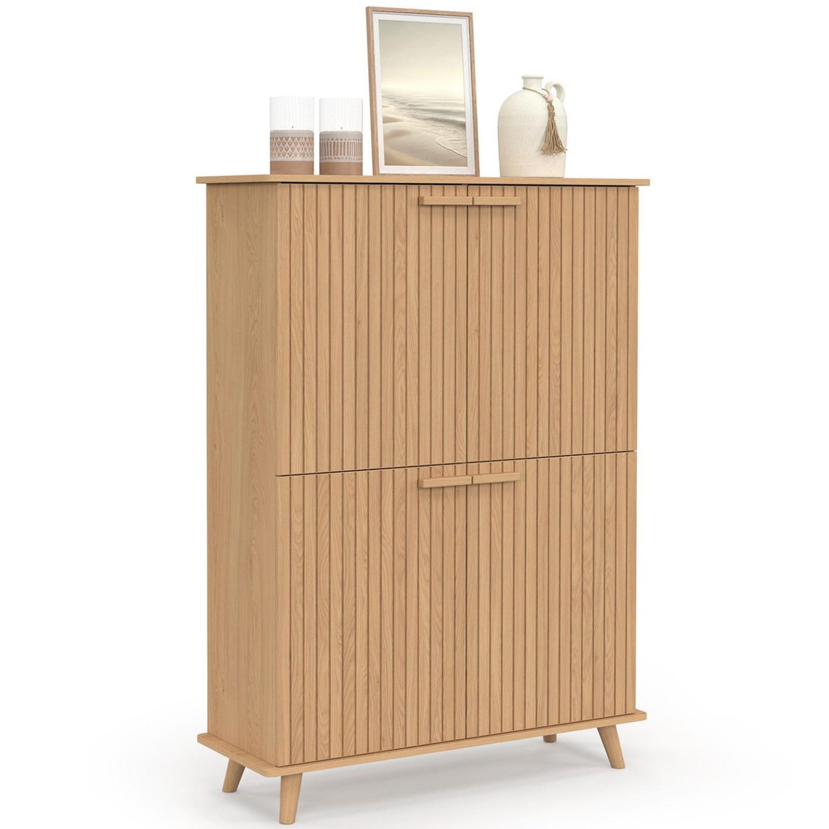 ID MARKET Meuble de rangement 4 portes JULIETTE effet lattes tasseau bois coloris chêne