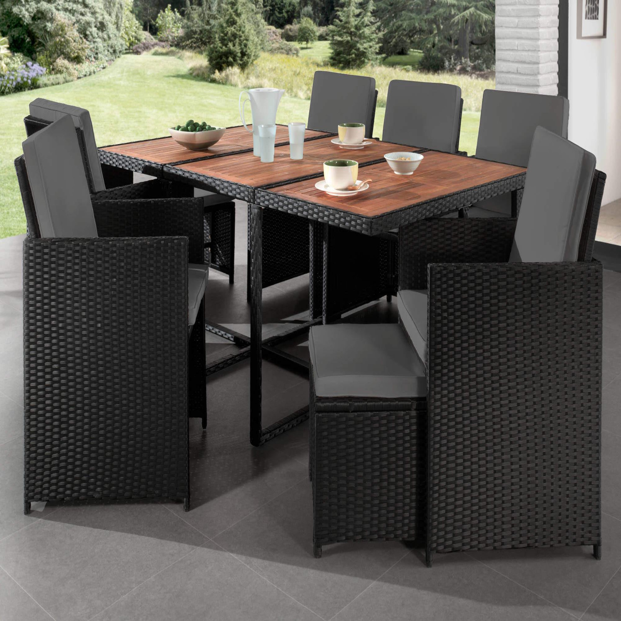 Voir la diapositive 2 : BEST MOBILIER Cuba - salon de jardin encastrable 10 places - en résine tressée - noir avec coussins gris + housse de protection