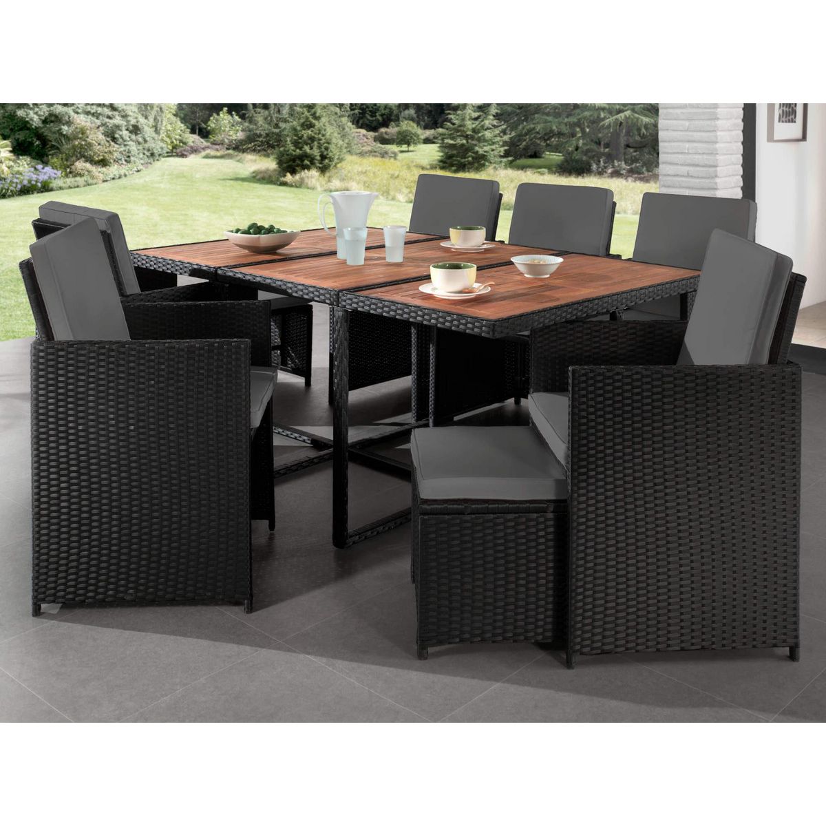 BEST MOBILIER Cuba - salon de jardin encastrable 10 places - en résine tressée - noir avec coussins gris + housse de protection