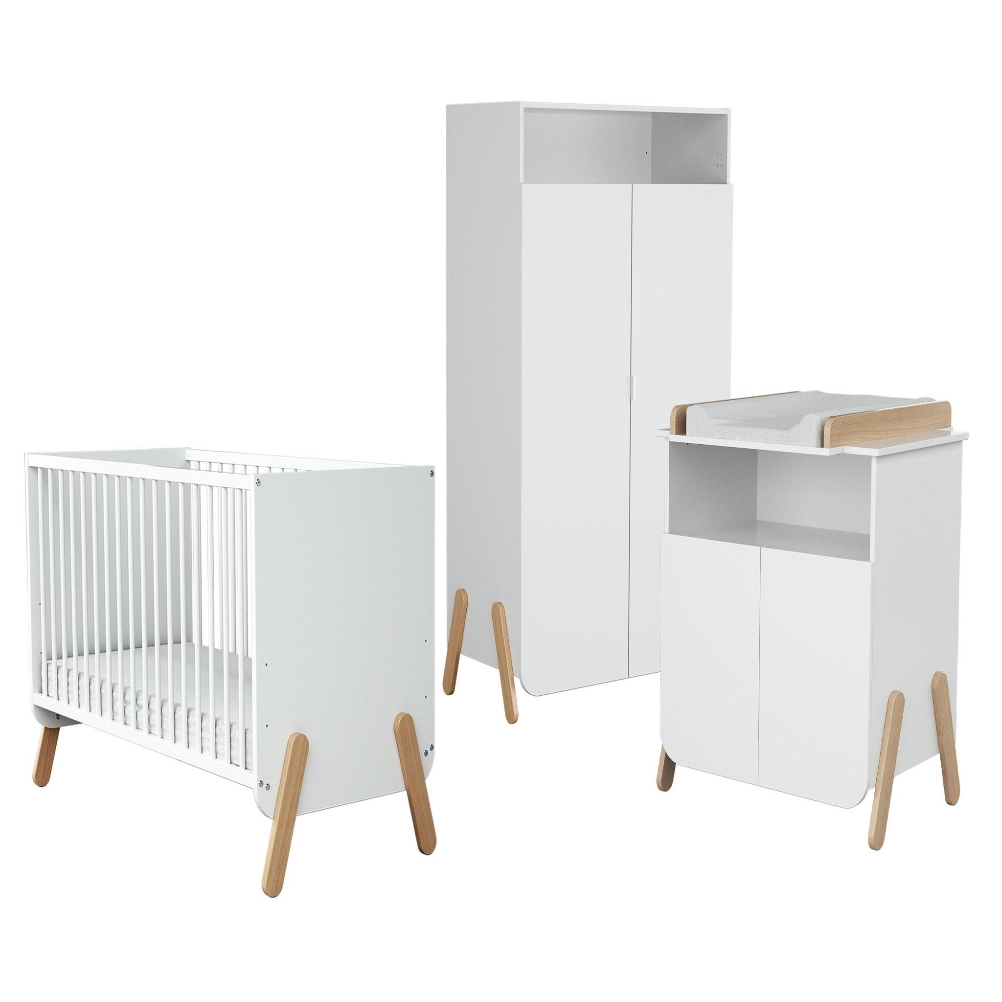 AT4 Chambre bébé lit, meuble à langer et armoire Blanc et Hêtre Verni