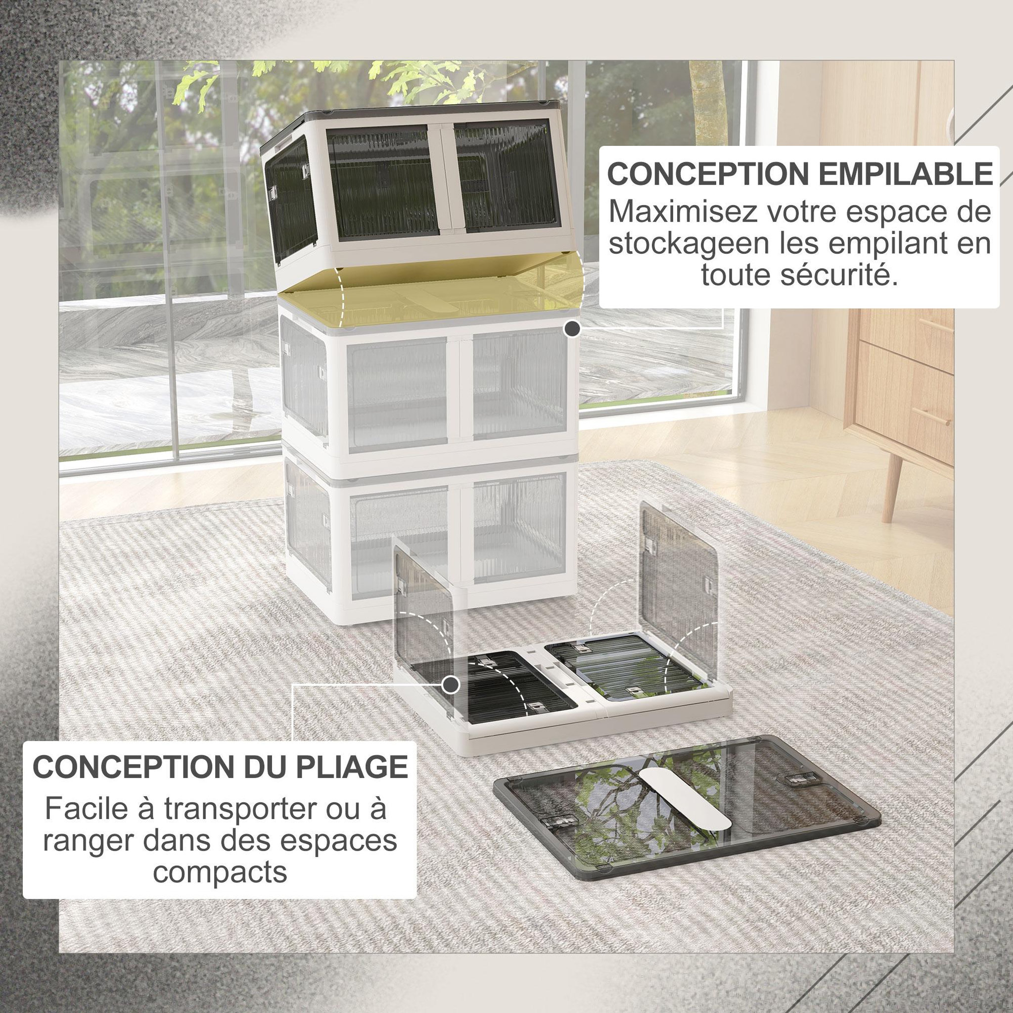Voir la diapositive 4 : HOMCOM Boîte de rangement plastique 99L pliable empilable couvercle 4 roulettes accès 5 côtés blanc gris