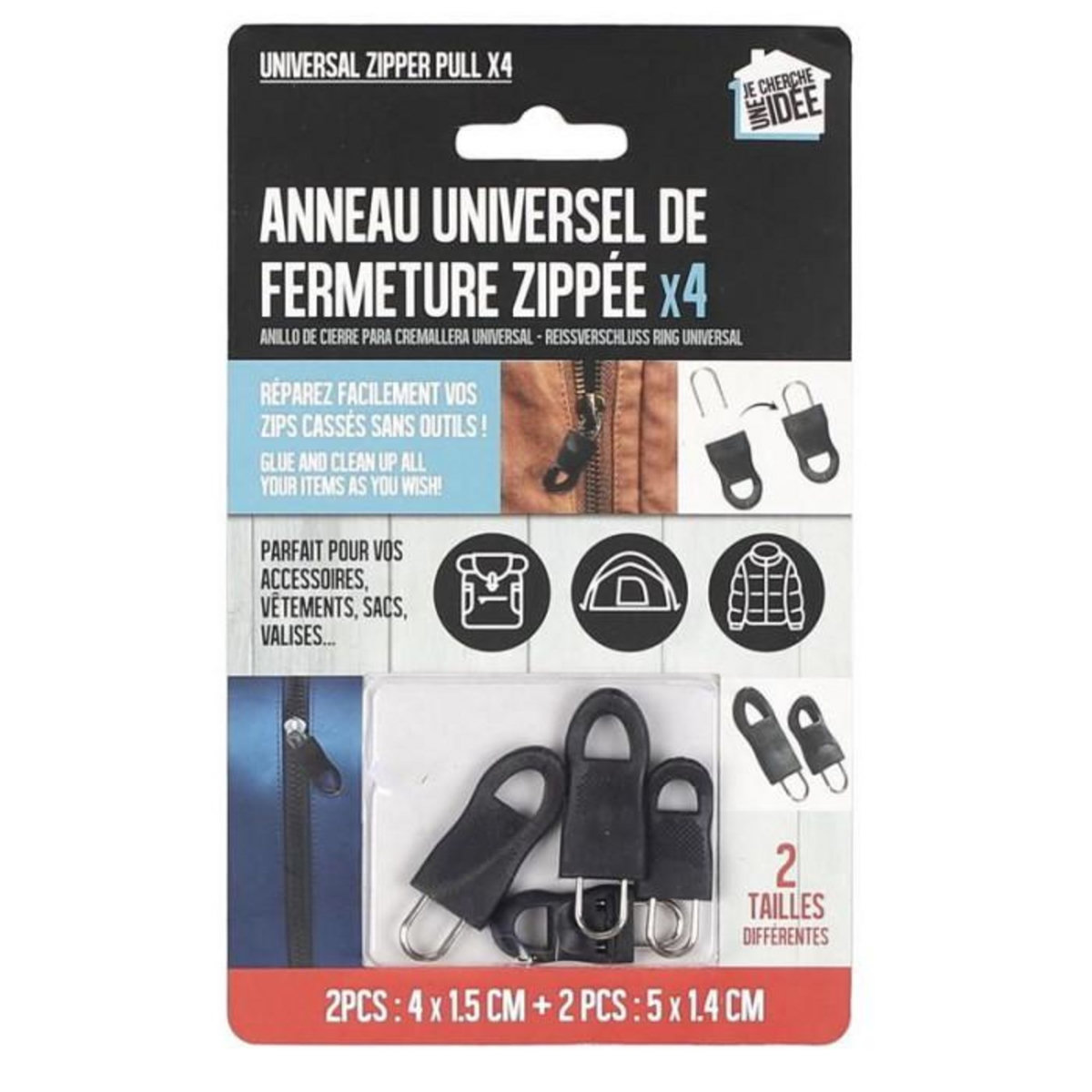 Paris Prix Lot de 4 Anneaux de Fermeture  Zippés  5cm Noir