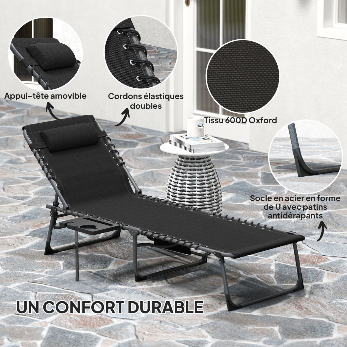 OUTSUNNY Bain de soleil transat pliable inclinable avec poignée, plateau et pochette rangement acier oxford noir