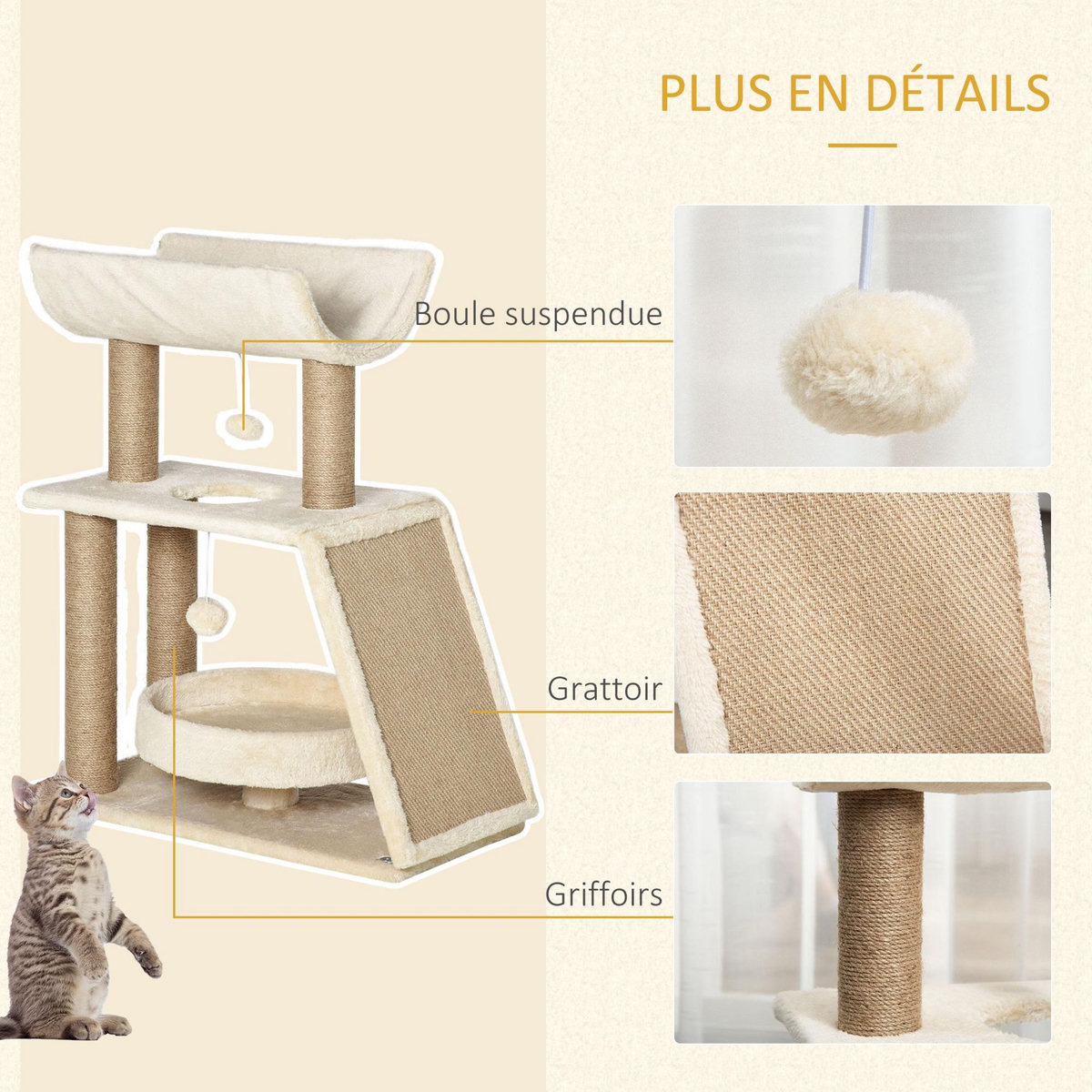 PAWHUT Arbre à chat griffoirs grattoir jeu boules suspendues plateformes ronde, rectangulaire et demi-cylindrique peluche jute naturelle beige