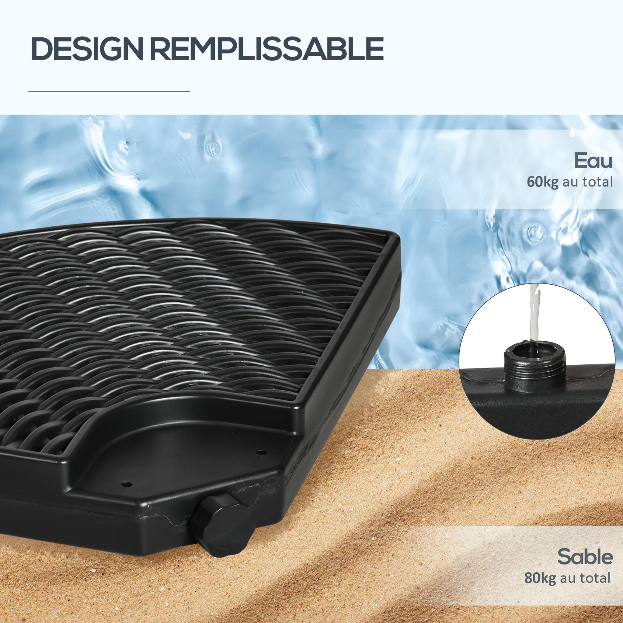 Voir la diapositive 5 : OUTSUNNY Pied de parasol lot de 4 dalles pour parasol à lester dim. tot. 100L x 100l x 8H cm HDPE aspect rotin noir
