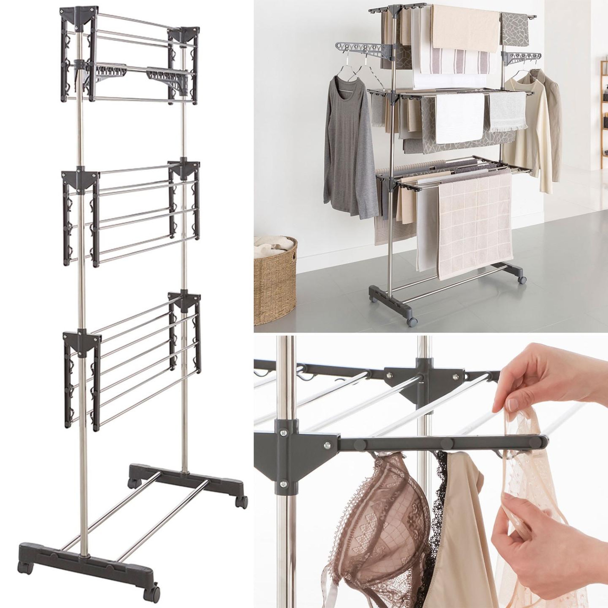 Voir la diapositive 3 : ID MARKET Séchoir à linge vertical pliable 3 niveaux maxima capacité 20m inox et gris