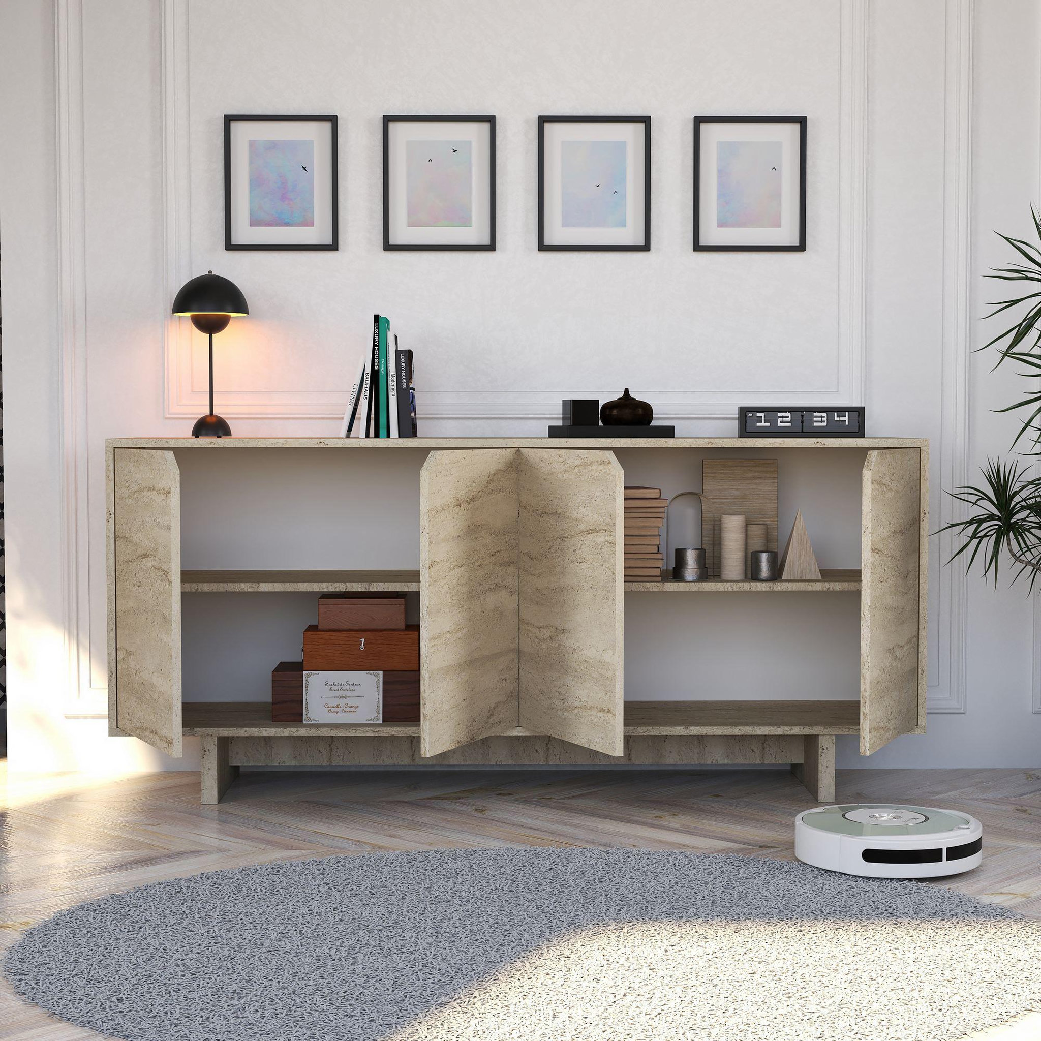 Voir la diapositive 4 : Habitat et Jardin Buffet en bois  turan  - 180 x 40 x 81 cm - travertin