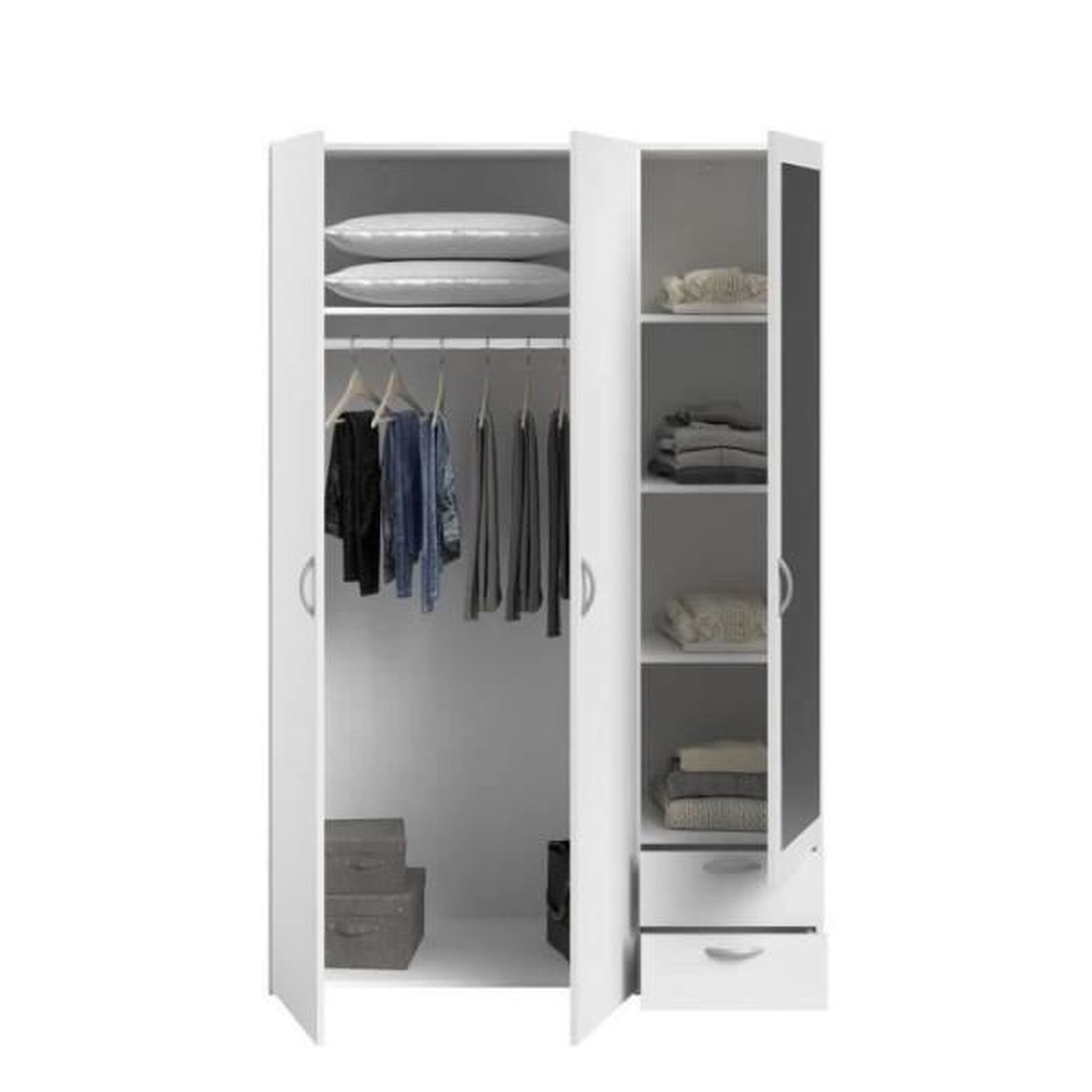 Voir la diapositive 4 : PARISOT Armoire VARIA - Décor blanc - 3 portes battantes + miroir + 2 tiroirs - L 120 x H 185 x P 51 cm - PARISOT
