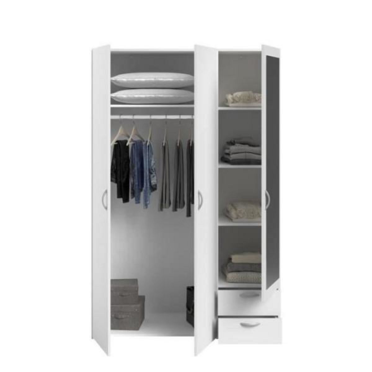 PARISOT Armoire VARIA - Décor blanc - 3 portes battantes + miroir + 2 tiroirs - L 120 x H 185 x P 51 cm - PARISOT