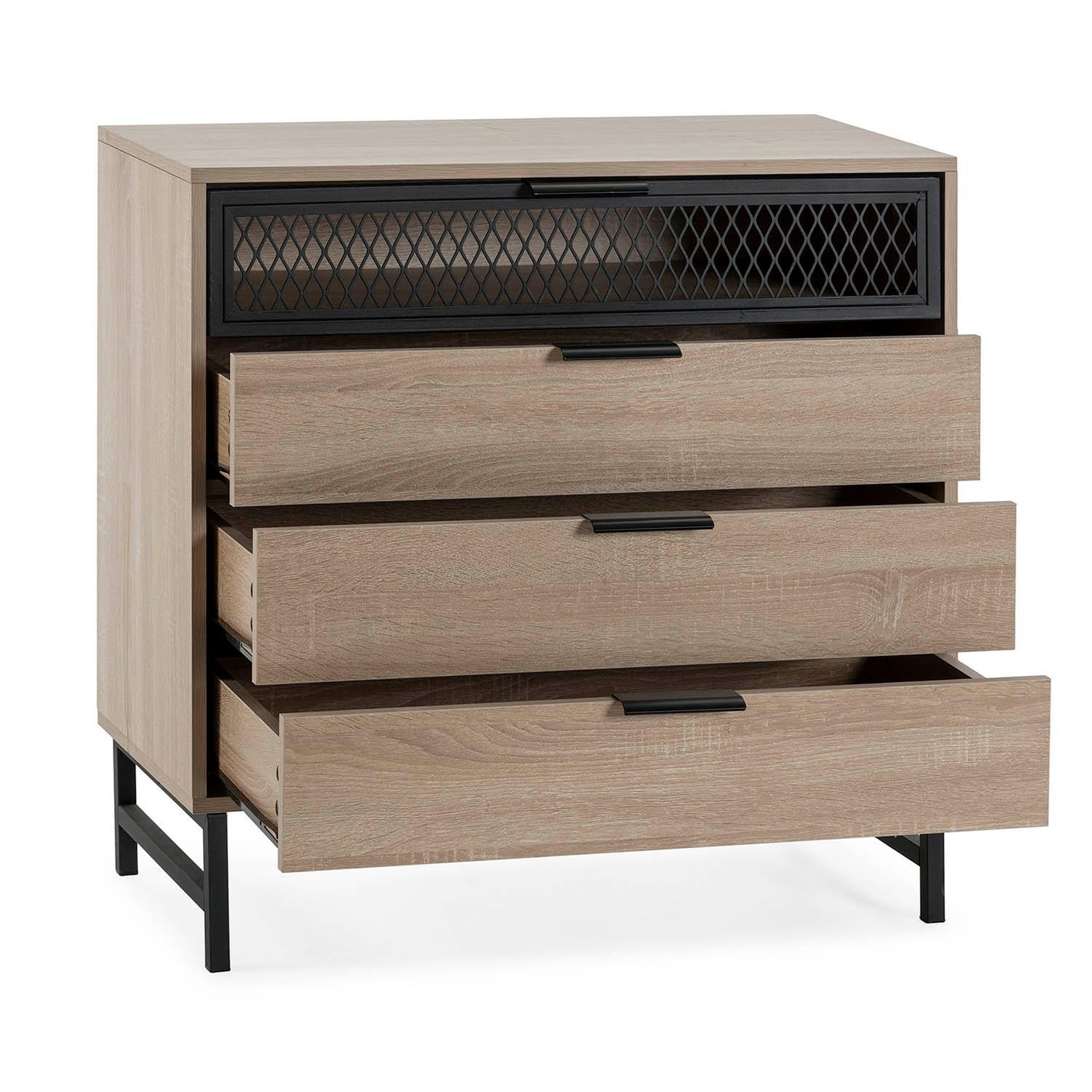 Voir la diapositive 4 : VS VENTA-STOCK Commode de nuit Hera 3 tiroirs 1 porte coloris bois