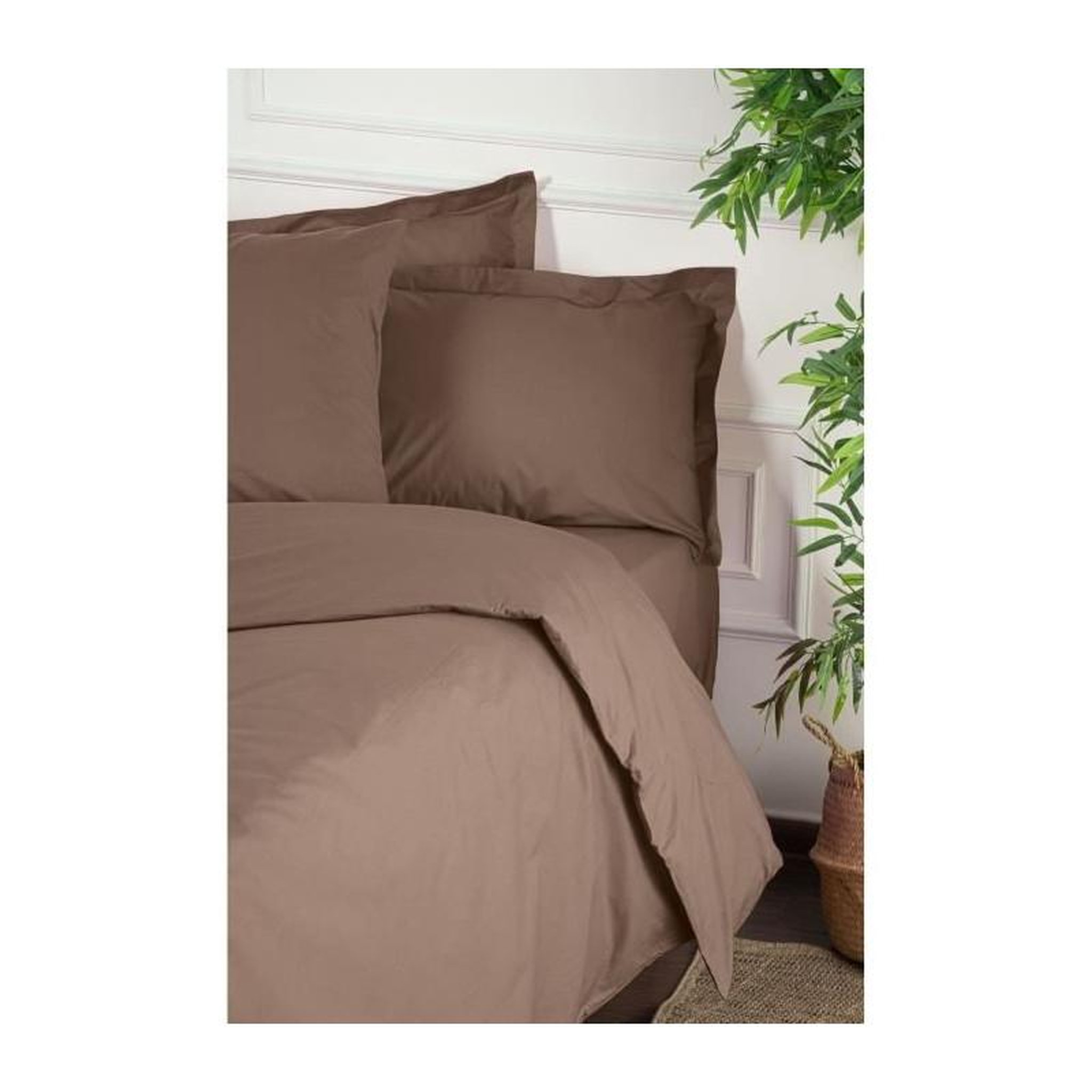 Voir la diapositive 2 : GENERIQUE Parure de lit - 1 housse de couette 220 x 240 cm + 2 taies d'oreiller 60 x 60 cm - 100% coton renforcé - Brun