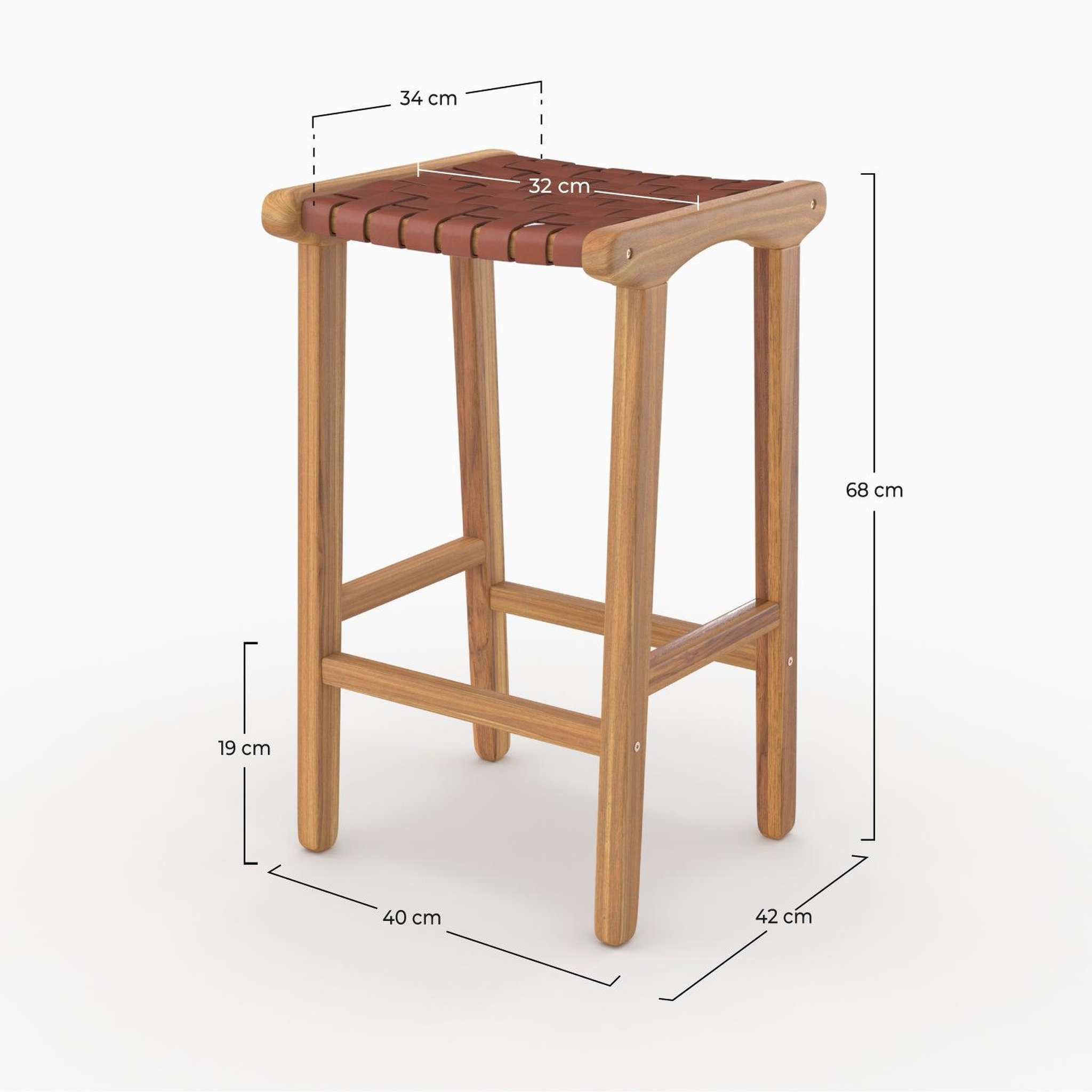 Voir la diapositive 4 : MAISON PAVANE Tabouret pour îlot central 68 cm en teck et cuir tressé marron-kuna