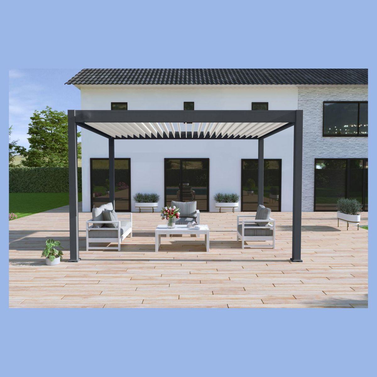 Pergola Bioclimatique autoportée Motorisée (4 pieds) 3x4 m - Aluminium - Anthracite/Blanc VS OMBREA®