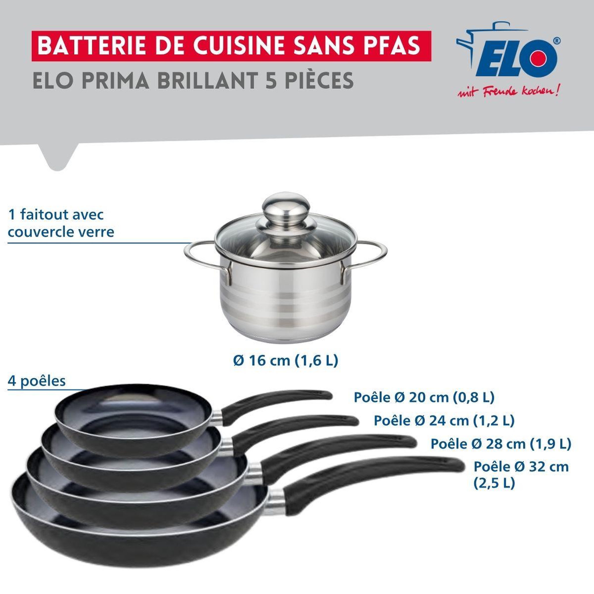 Voir la diapositive 2 : ELO Ensemble de 4 poêles de cuisson 20, 24, 28 et 32 cm et 1 faitout 16 cm elo prima brillant