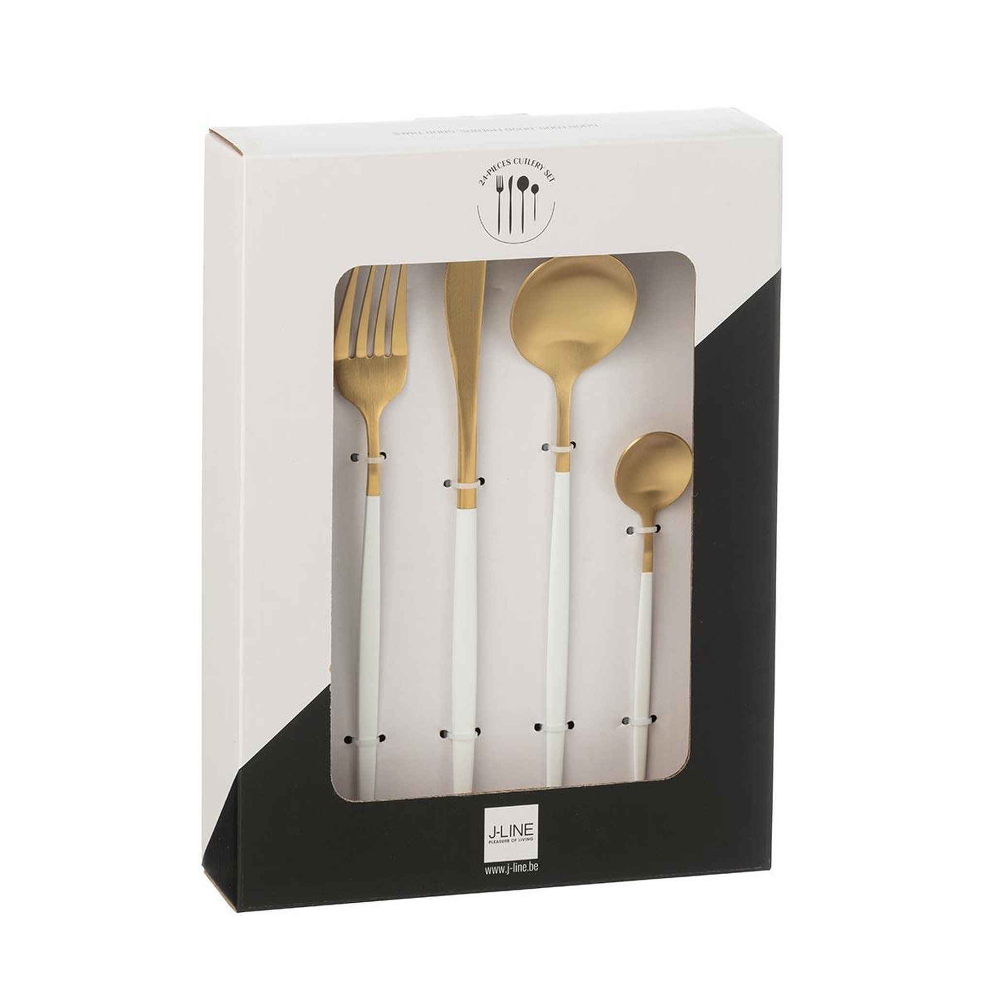 Voir la diapositive 6 : J-LINE Ménagère 24 Pièces en Inox  Mat  27cm Blanc & Or