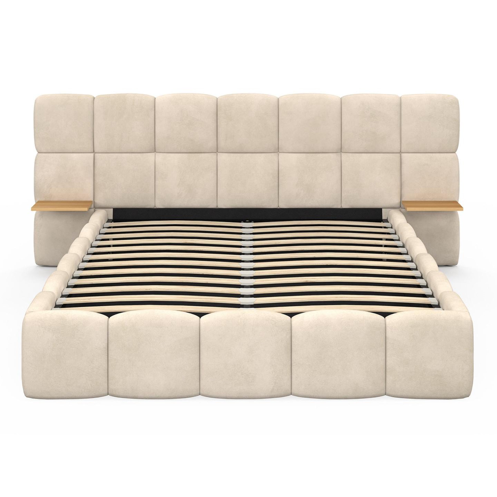 Voir la diapositive 3 : ID MARKET Lit coffre double nuage avec tête de lit matelassée + tables de chevet intégrées et sommier 140 x 190 cm velours beige