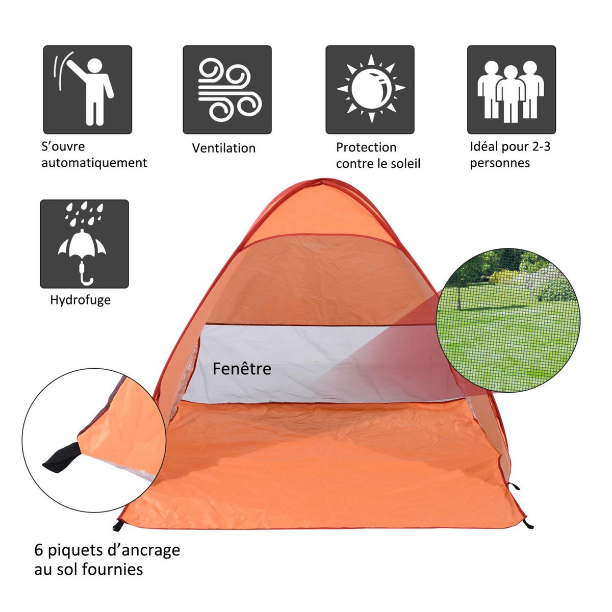 OUTSUNNY Abri de plage tente de plage pliable pop-up automatique instantané protection UV fenêtre arrière grand tapis de sol orange