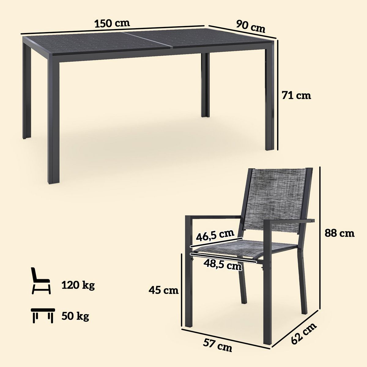 OUTSUNNY Ensemble salon de jardin 6 places 7 pièces - chaises empilables, plateau à lattes effet bois acier textilène noir chiné