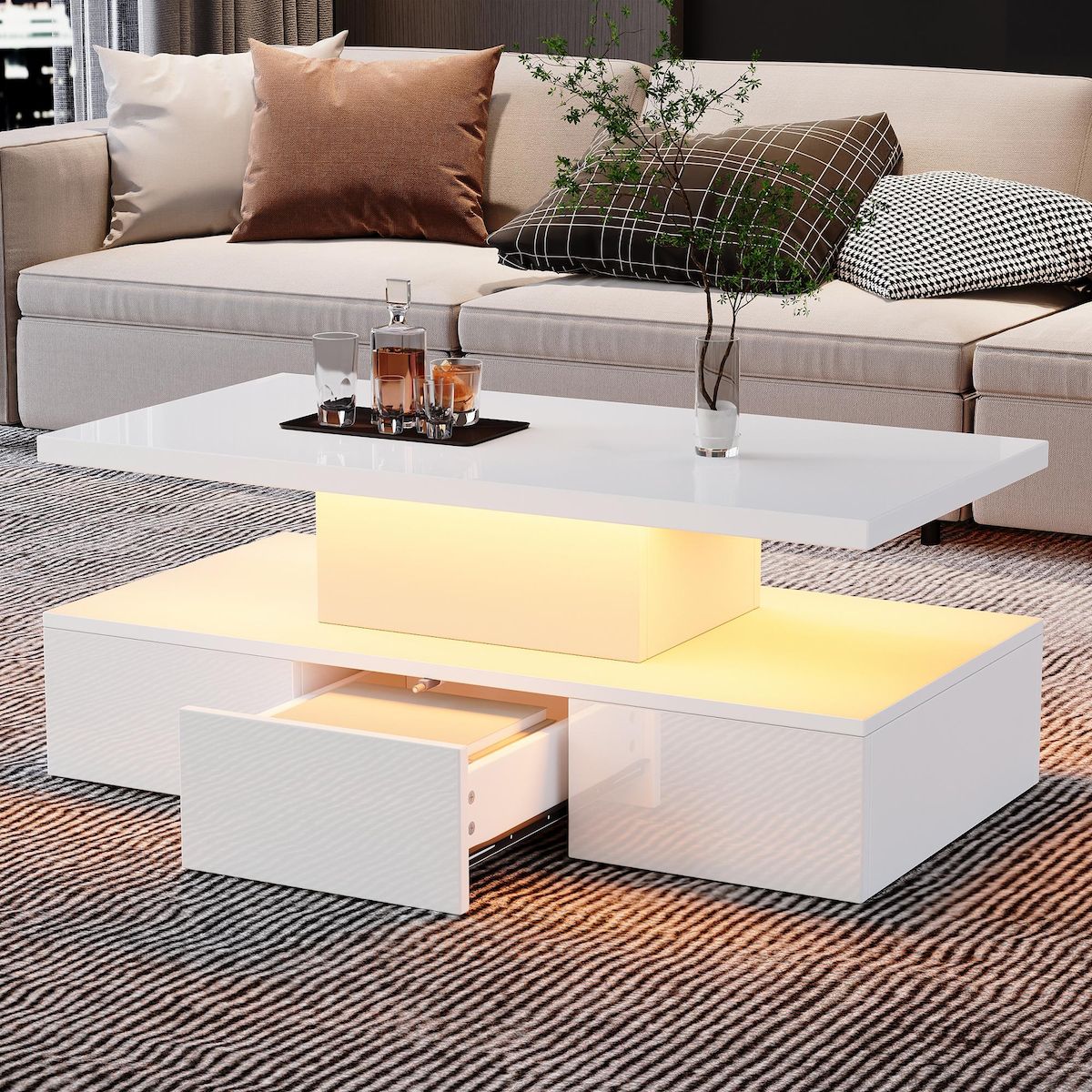 MERAX Table basse rectangulaire blanc avec 1 tiroir - 50x100 cm led panneau de particules