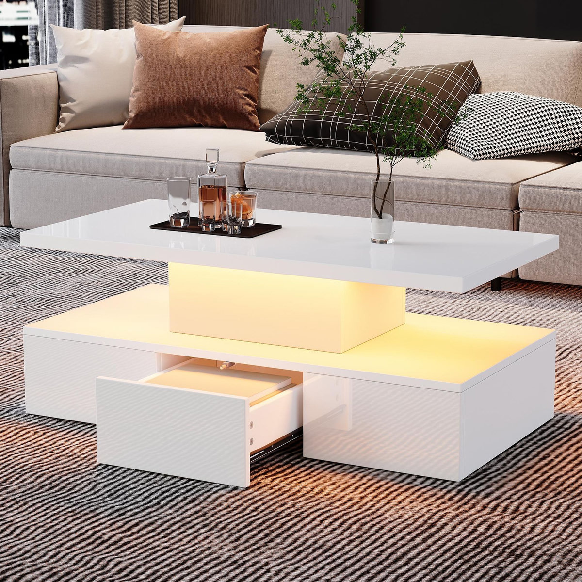 MERAX Table basse rectangulaire blanc avec 1 tiroir - 50x100 cm led panneau de particules