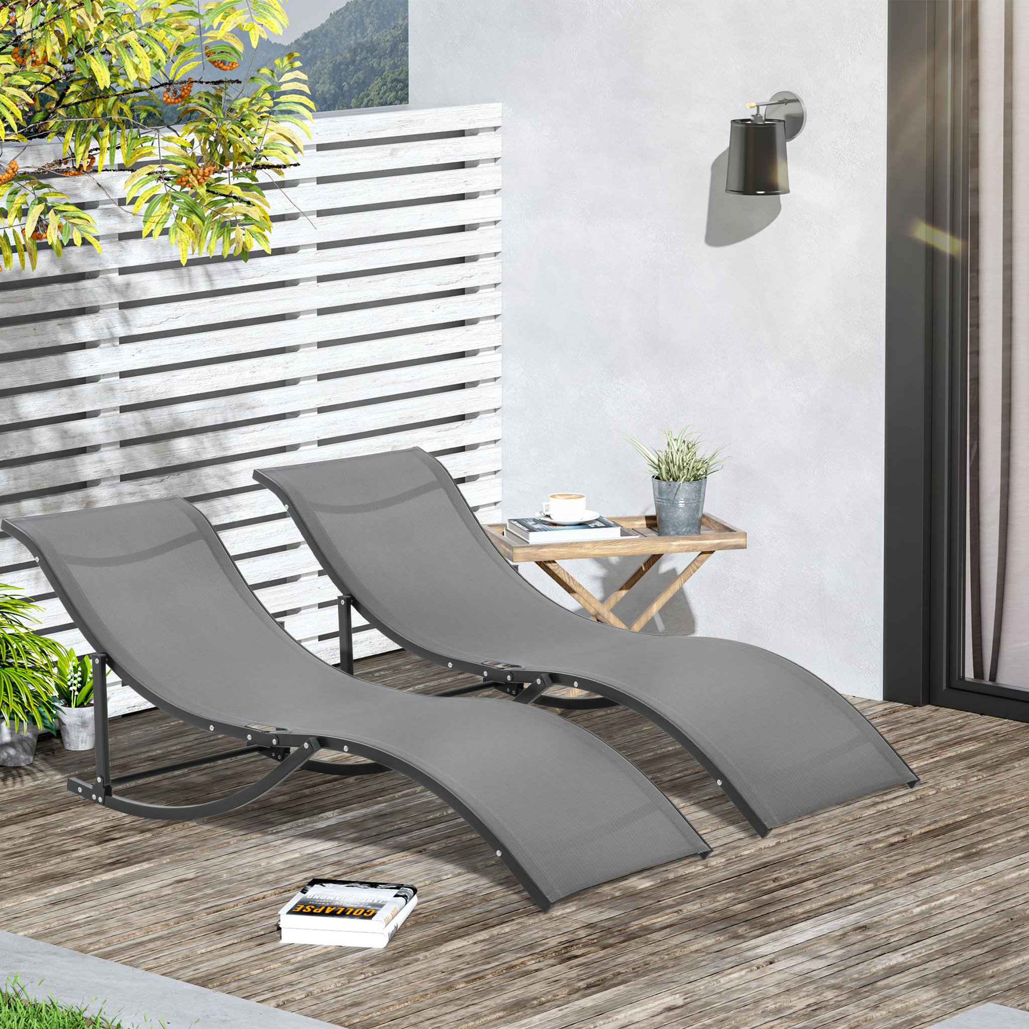 Voir la diapositive 2 : OUTSUNNY Lot de 2 bains de soleil pliables design contemporain - lot de 2 transats ergonomiques - alu. textilène anthracite