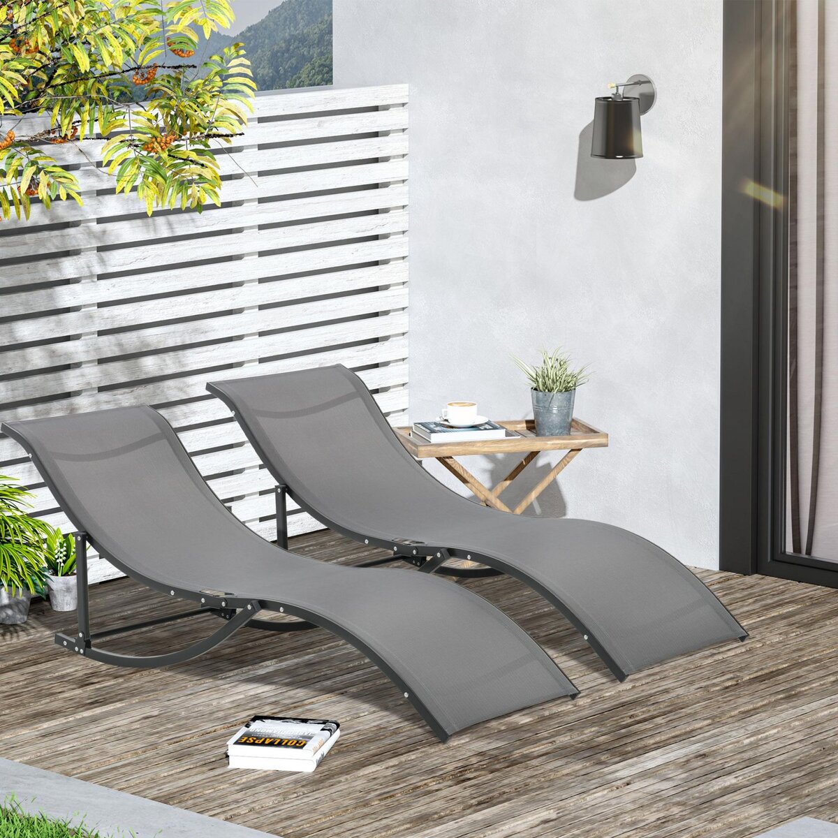 OUTSUNNY Lot de 2 bains de soleil pliables design contemporain - lot de 2 transats ergonomiques - alu. textilène anthracite