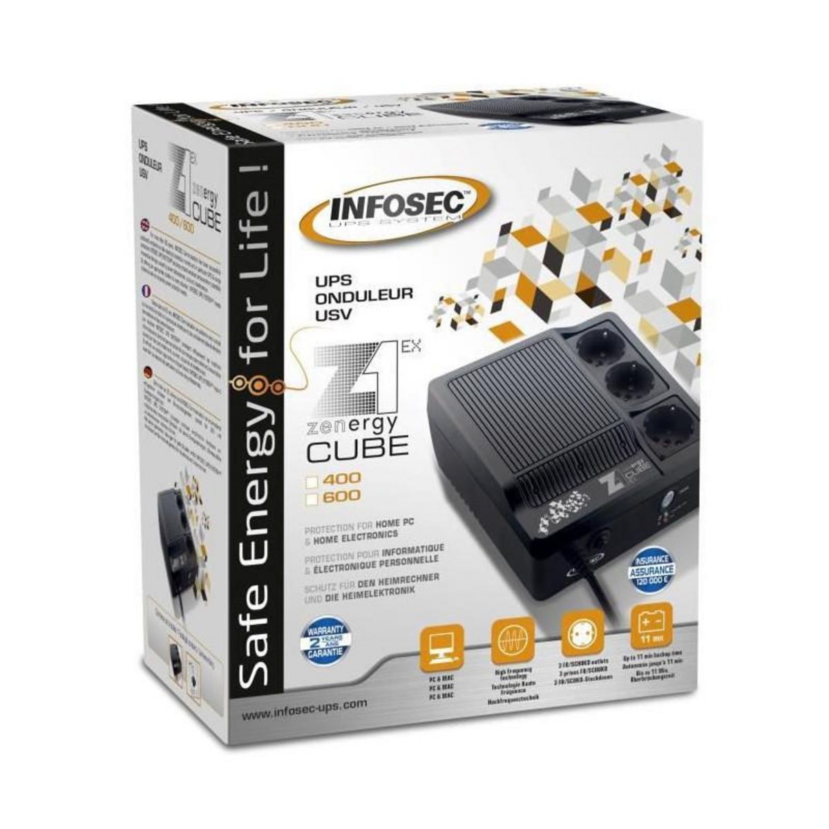 Infosec INFOSEC Onduleur haute frequence Z1 Zenergy Cube EX 600 - 600 VA 3 Prises FR/SCHUKO