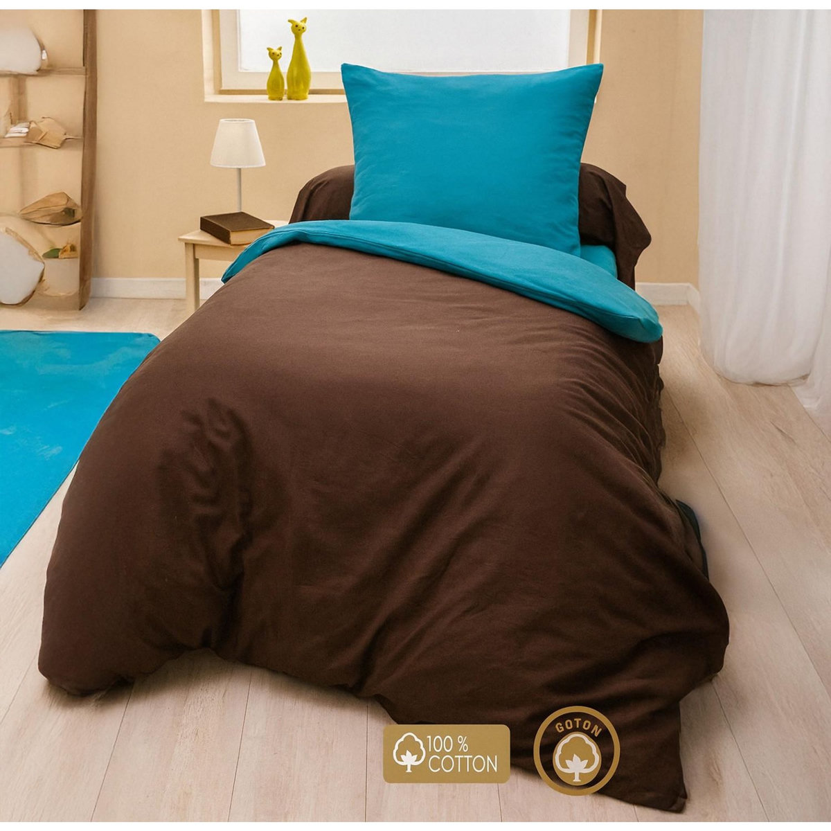 Home collection Parure housse de couette 3pcs 260x240cm 100%coton 57fils choco/turquoise
