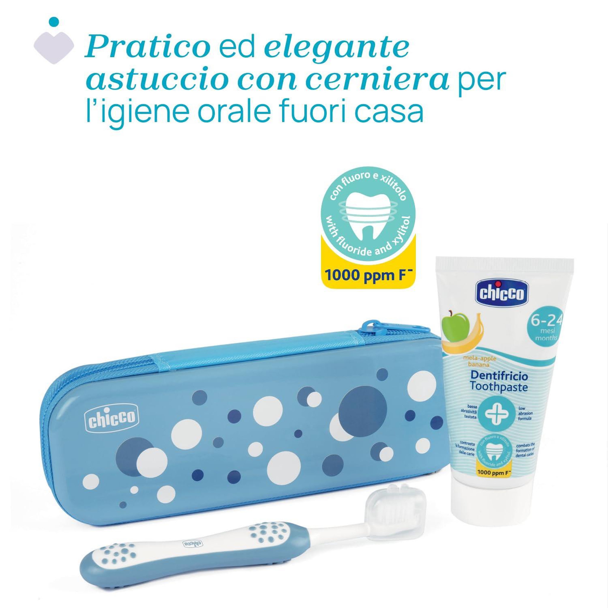 Voir la diapositive 3 : CHICCO Chicco kit de soins bucco-dentaires pour enfants 6-36 mois - brosse à dents et dentifrice goût pomme-banane avec étui, lilas