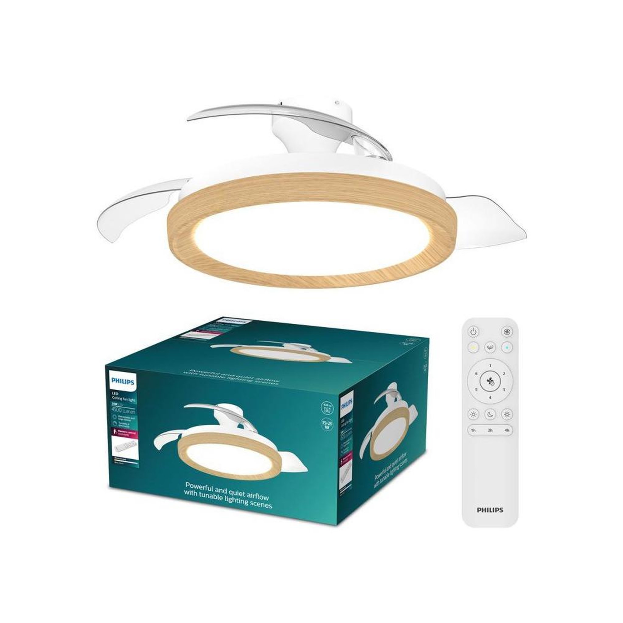 Philips Ventilateur de plafond - Philips - Bliss - Pales rétractables - Diametre 106 cm -Bois - LED intégrée + télécommande