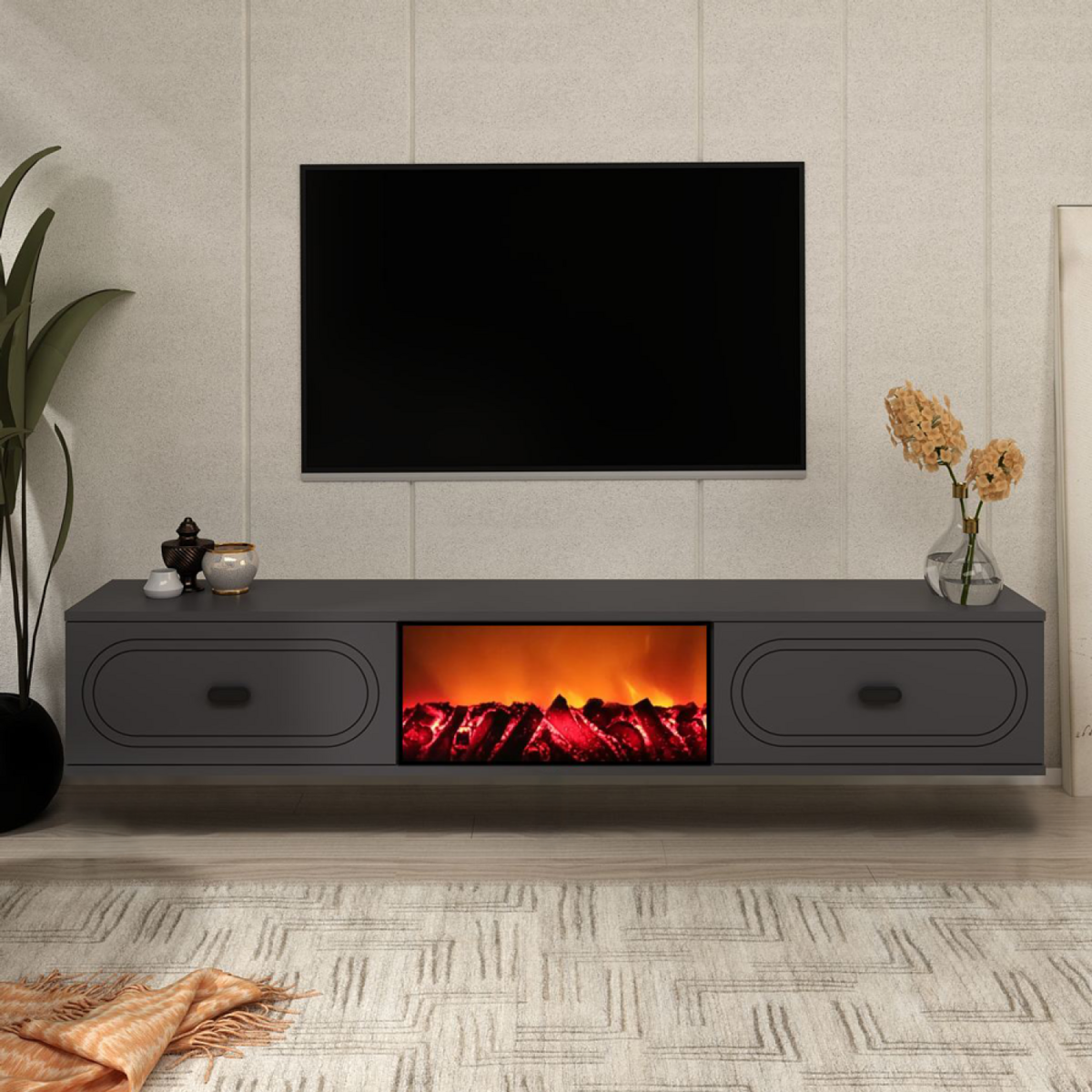 CONCEPT USINE Meuble TV avec cheminée LED 150cm gris anthracite et noir FYRA
