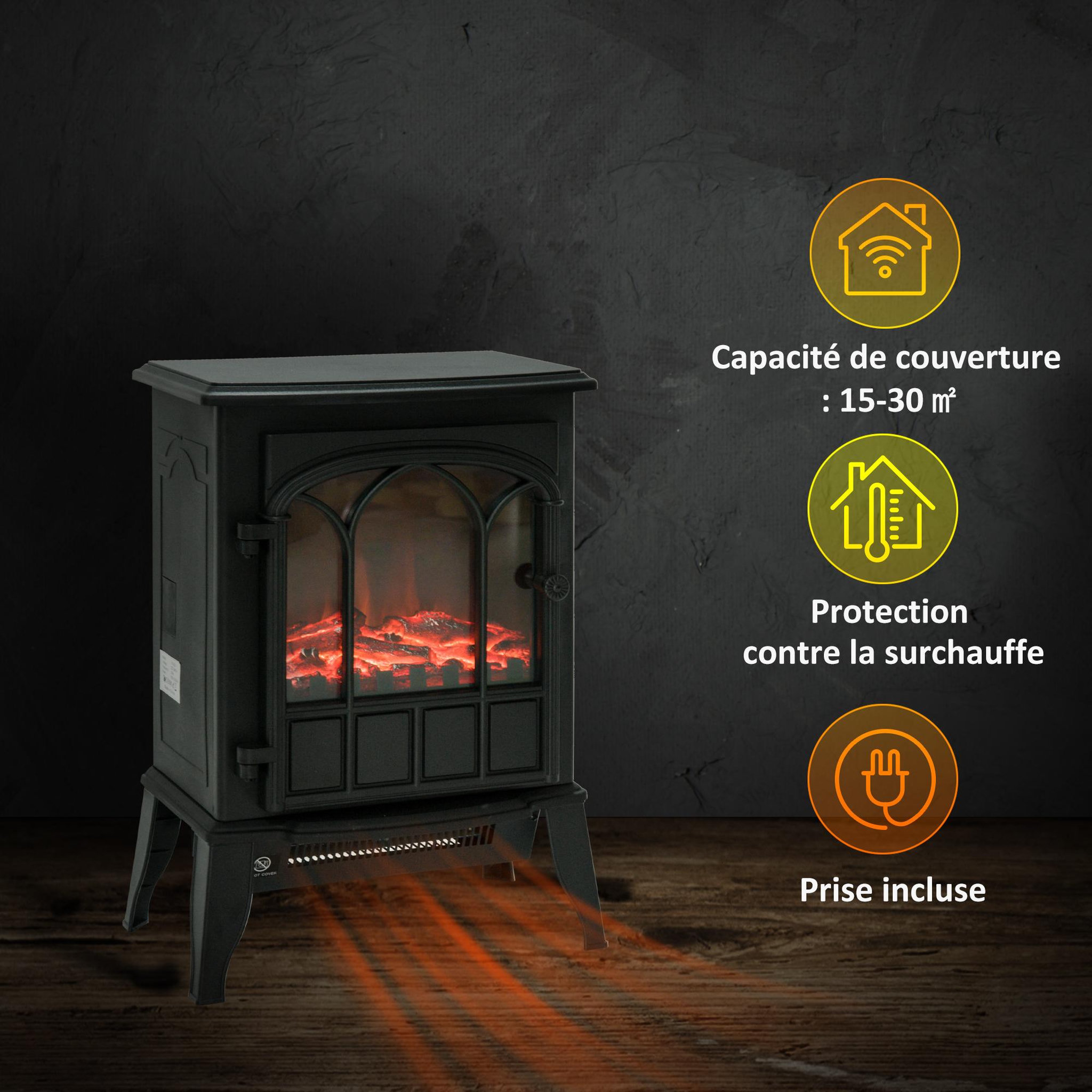 Voir la diapositive 2 : HOMCOM Cheminée électrique poêle style rétro 1000-2000 w simulation flammes led porte noir