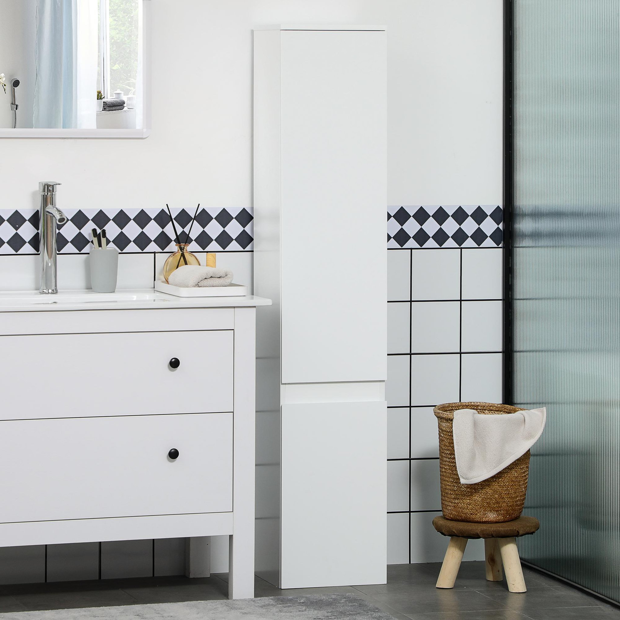 Voir la diapositive 2 : KLEANKIN Meuble colonne rangement salle de bain 2 placards 3 étagères style contemporain blanc
