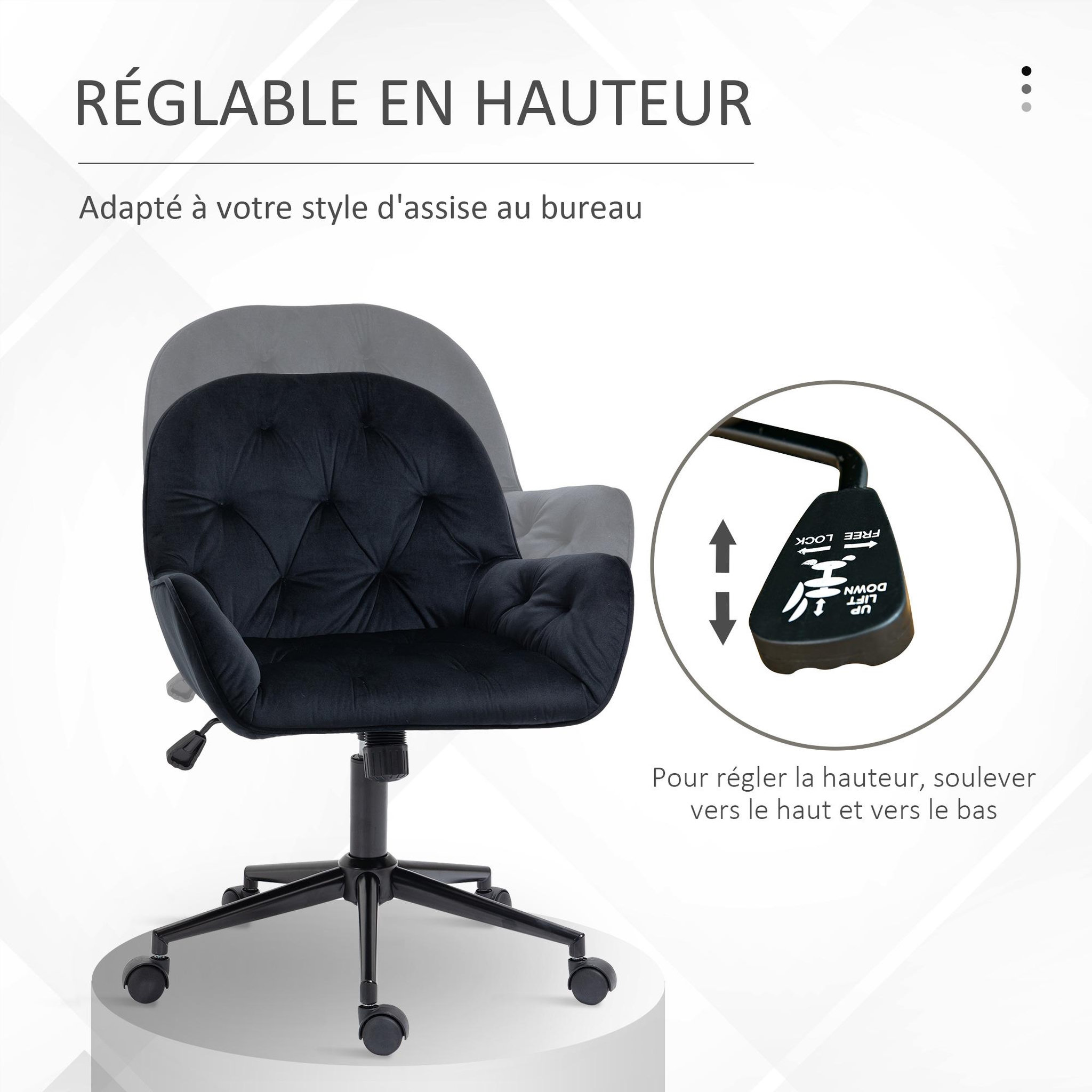 Voir la diapositive 5 : VINSETTO Chaise de bureau velours design Chesterfield effet capitonné piètement métal noir